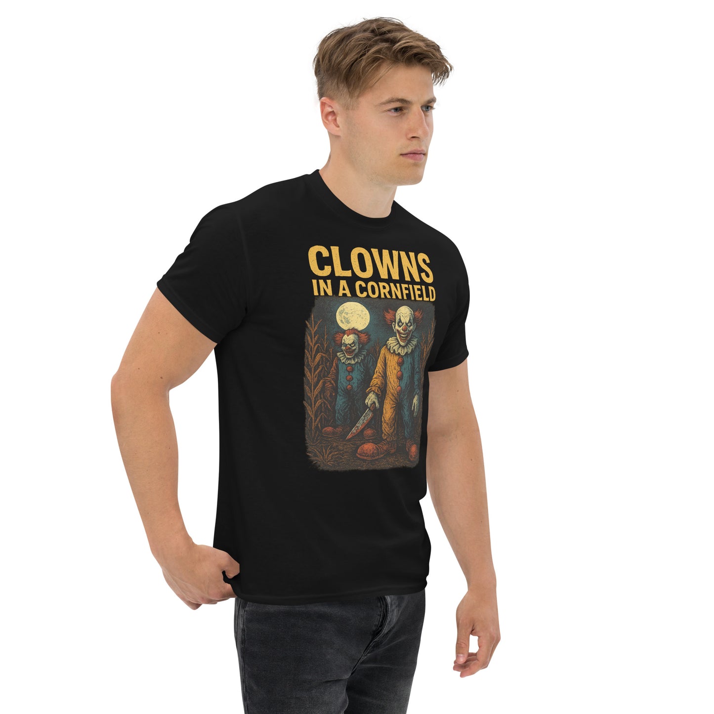 Clowns in a Cornfield Unisex classic tee from Rare Plus Apparel – unique movie & pop culture inspired design.
