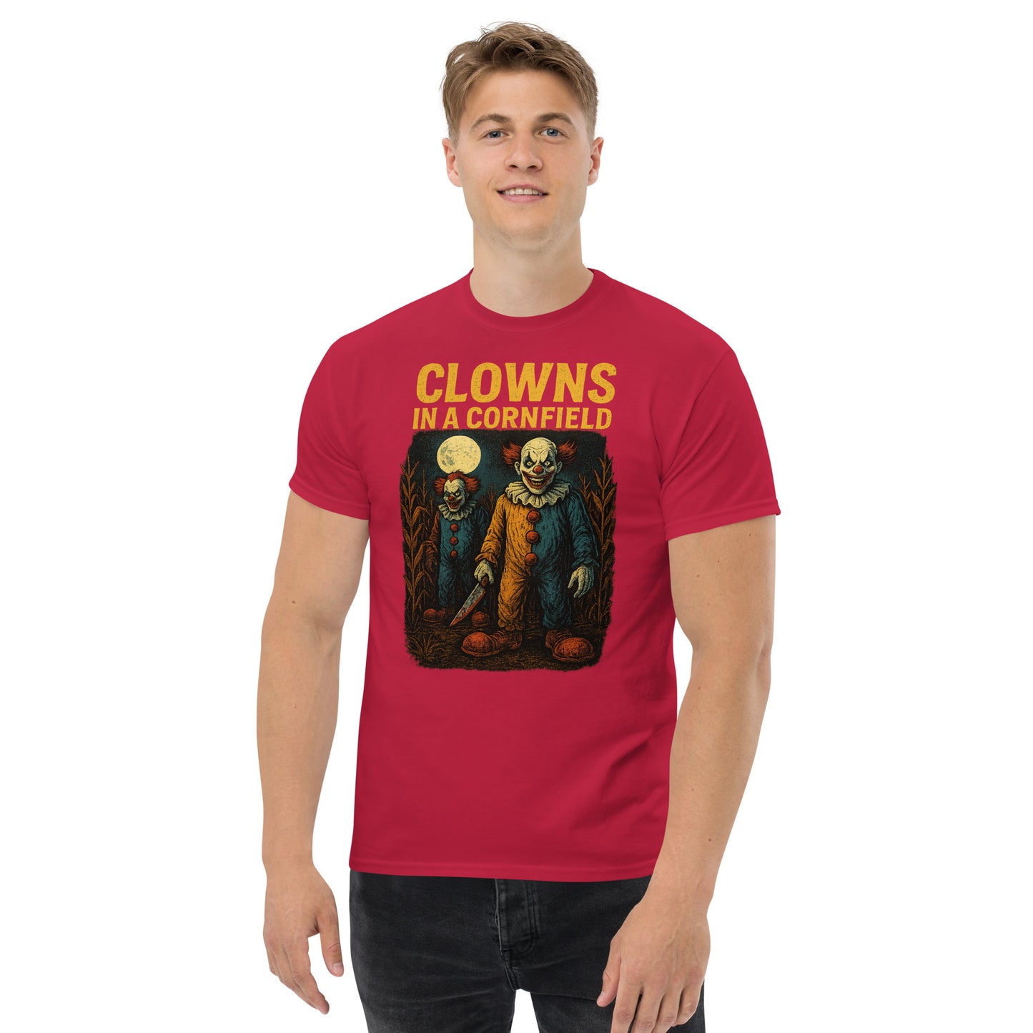 Clowns in a Cornfield Unisex classic tee from Rare Plus Apparel – unique movie & pop culture inspired design.