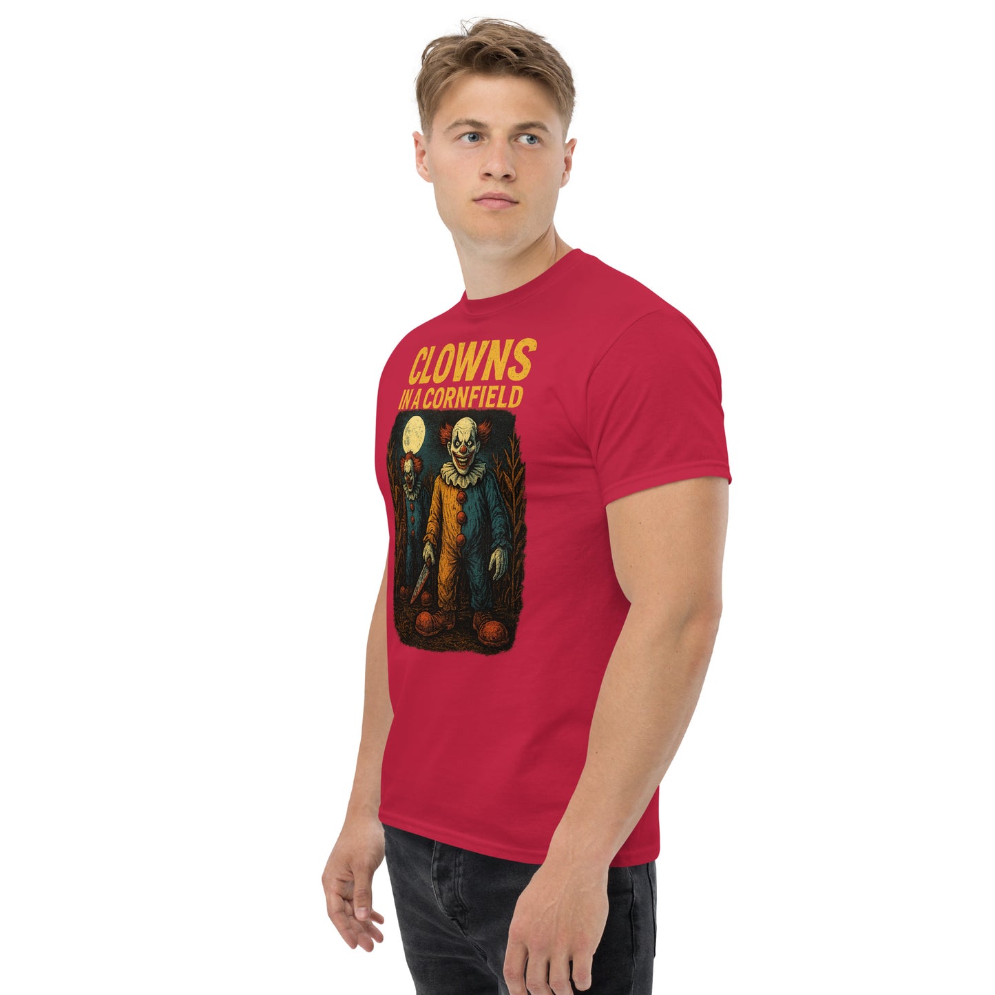 Clowns in a Cornfield Unisex classic tee from Rare Plus Apparel – unique movie & pop culture inspired design.