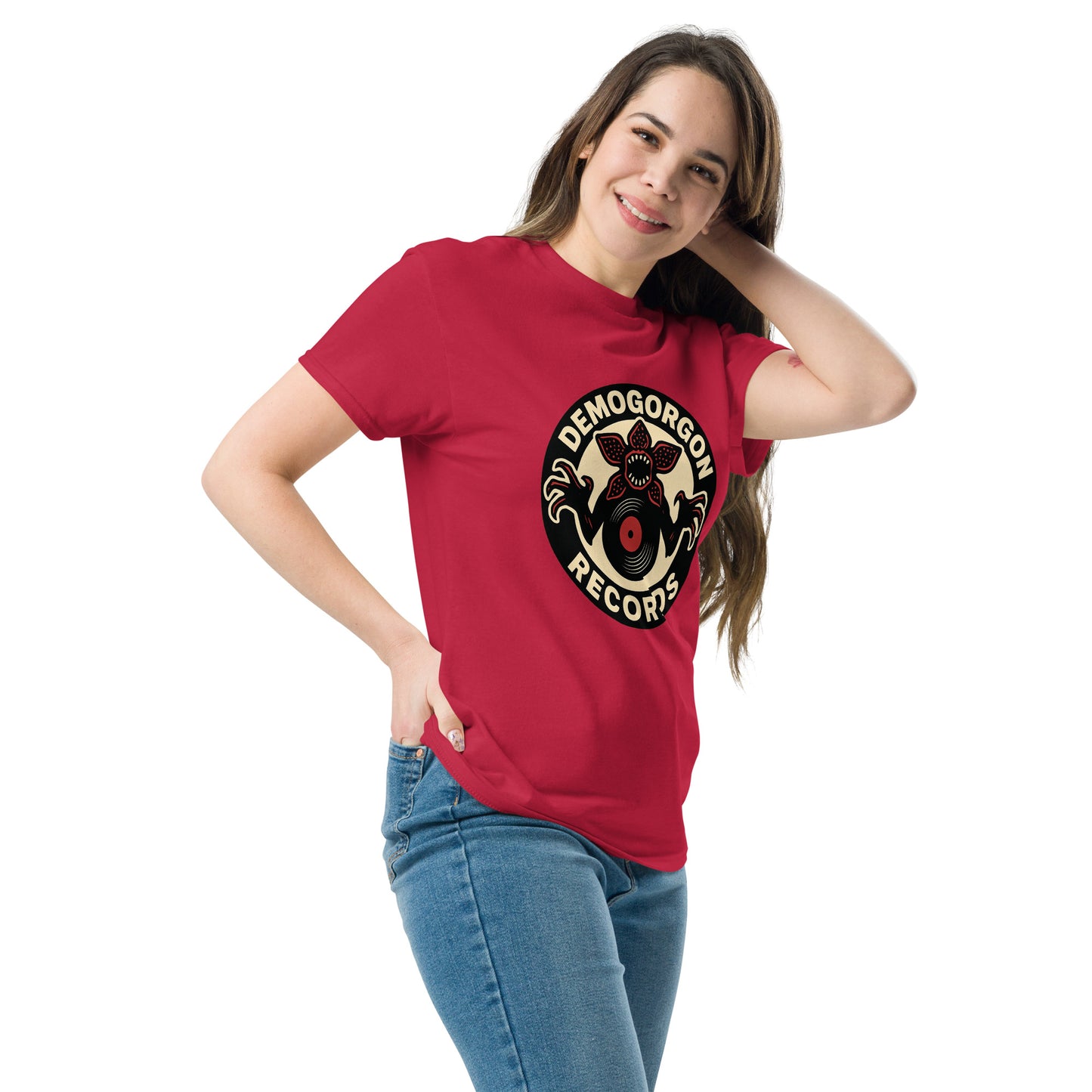 Demogorgon Records Unisex classic tee from Rare Plus Apparel – unique movie & pop culture inspired design.