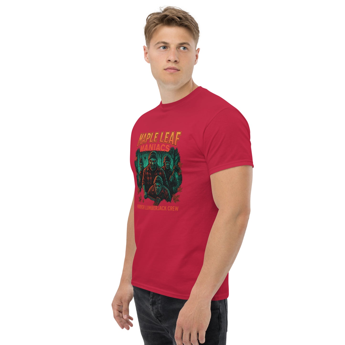 Maple Leaf Maniacs – Horror Lumberjack Crew Unisex classic tee from Rare Plus Apparel – unique movie & pop culture inspired design.