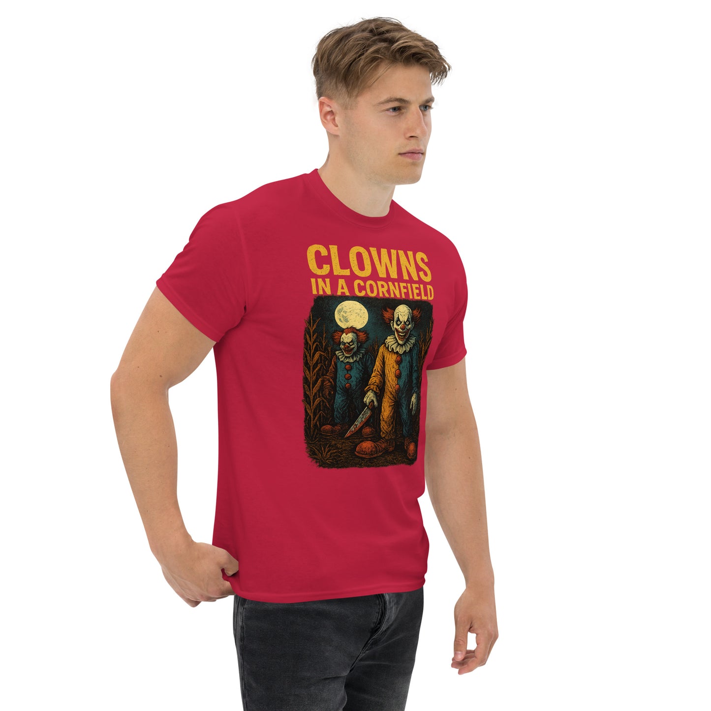 Clowns in a Cornfield Unisex classic tee from Rare Plus Apparel – unique movie & pop culture inspired design.