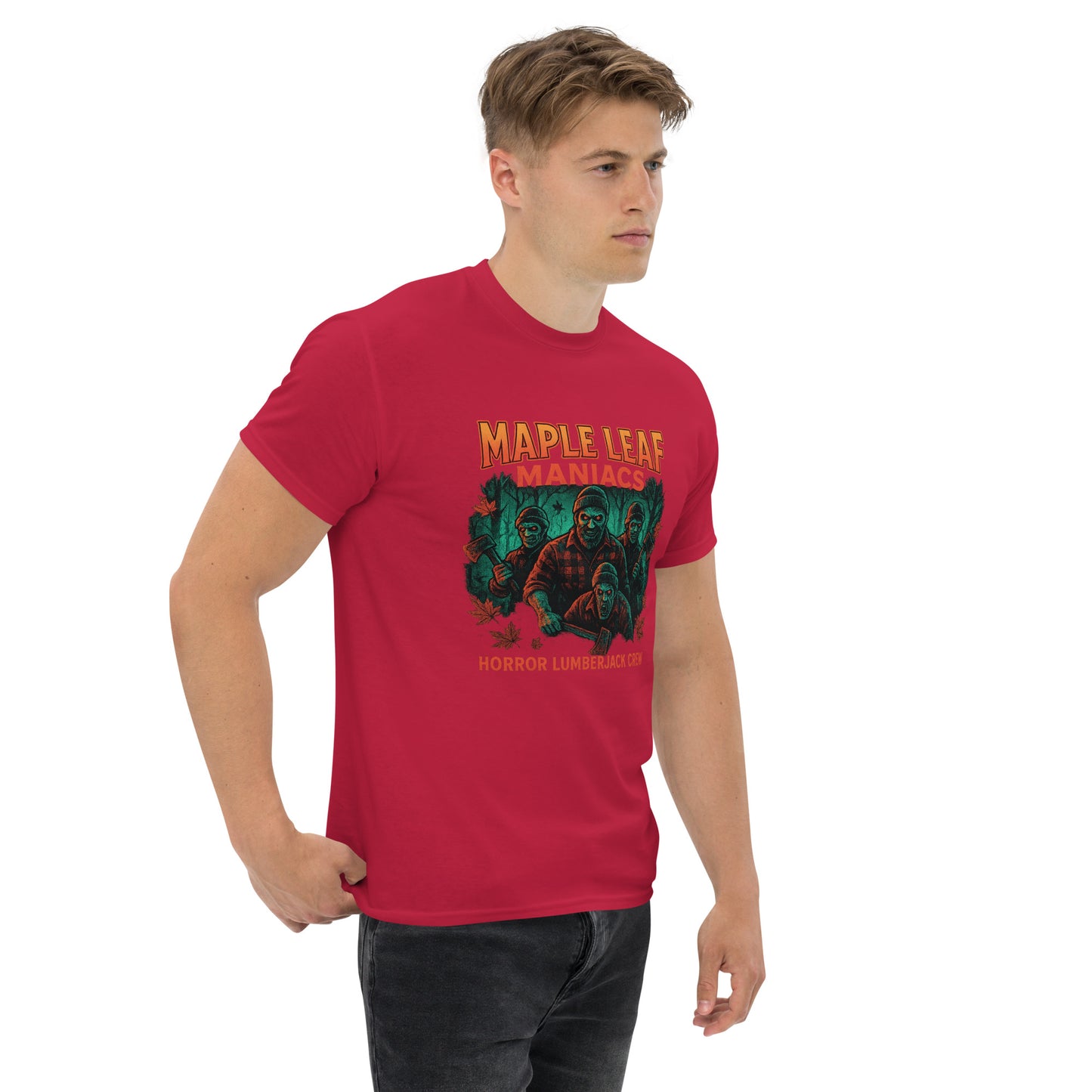 Maple Leaf Maniacs – Horror Lumberjack Crew Unisex classic tee from Rare Plus Apparel – unique movie & pop culture inspired design.