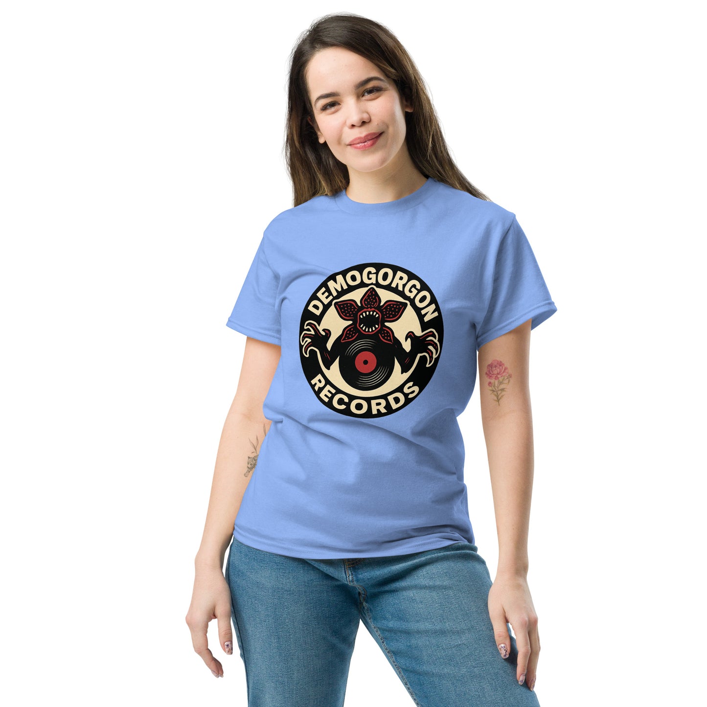 Demogorgon Records Unisex classic tee from Rare Plus Apparel – unique movie & pop culture inspired design.