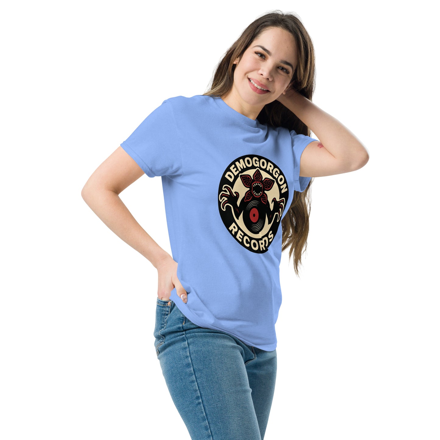 Demogorgon Records Unisex classic tee from Rare Plus Apparel – unique movie & pop culture inspired design.