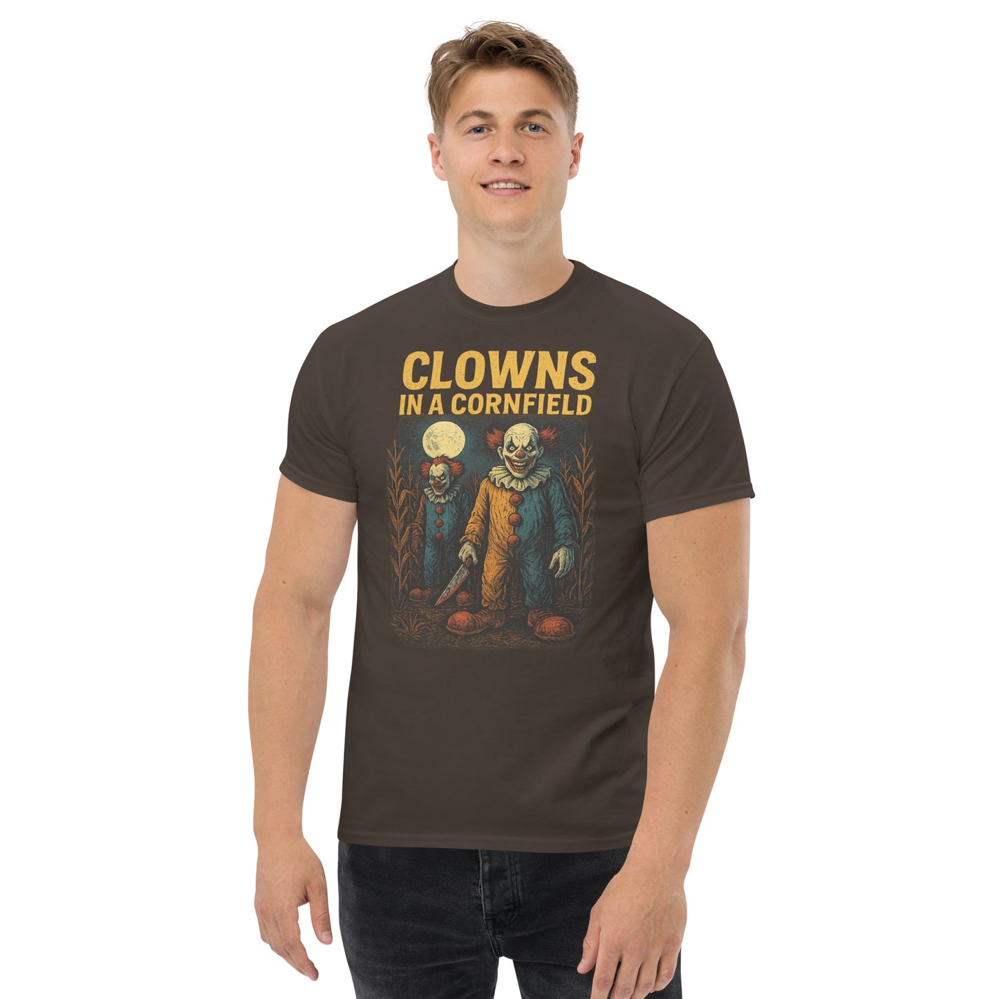 Clowns in a Cornfield Unisex classic tee from Rare Plus Apparel – unique movie & pop culture inspired design.