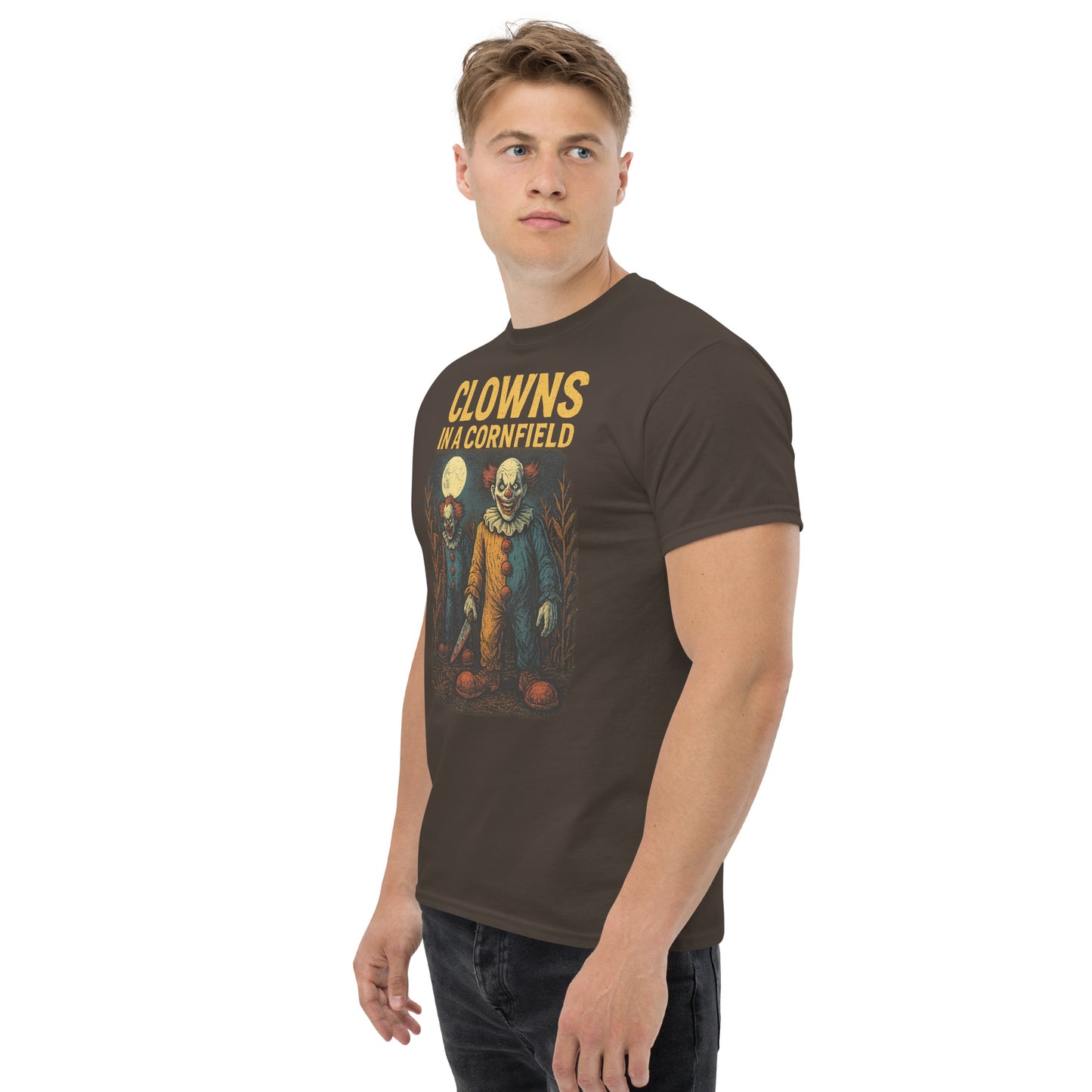 Clowns in a Cornfield Unisex classic tee from Rare Plus Apparel – unique movie & pop culture inspired design.