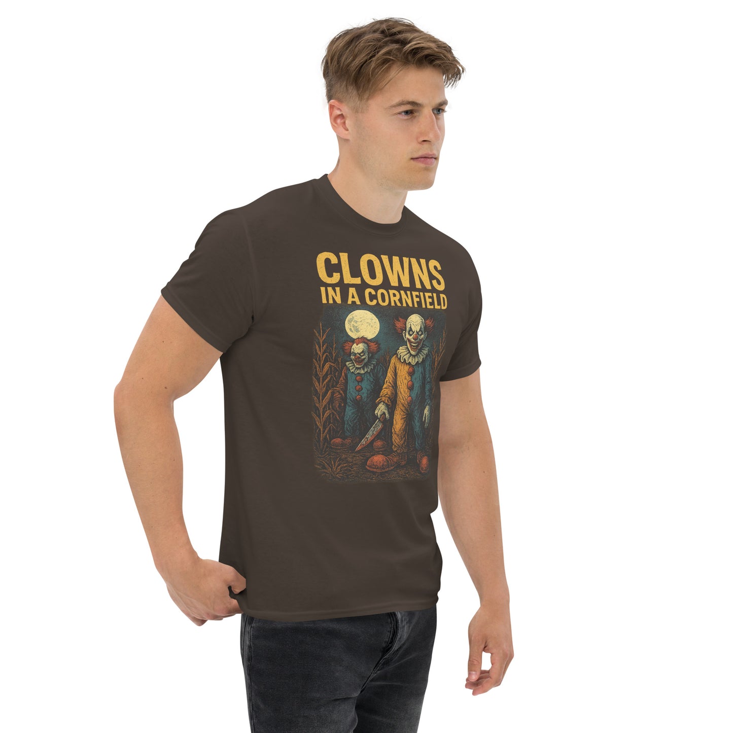 Clowns in a Cornfield Unisex classic tee from Rare Plus Apparel – unique movie & pop culture inspired design.