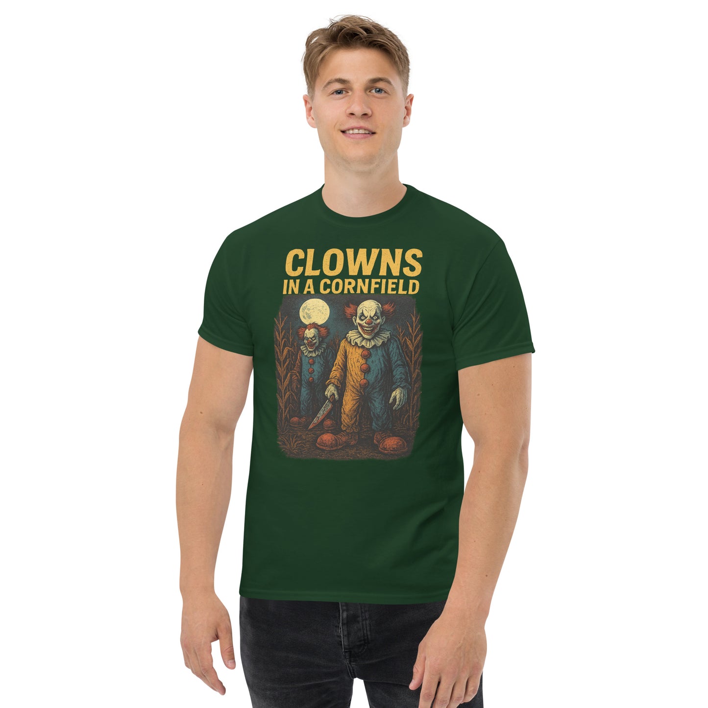 Clowns in a Cornfield Unisex classic tee from Rare Plus Apparel – unique movie & pop culture inspired design.