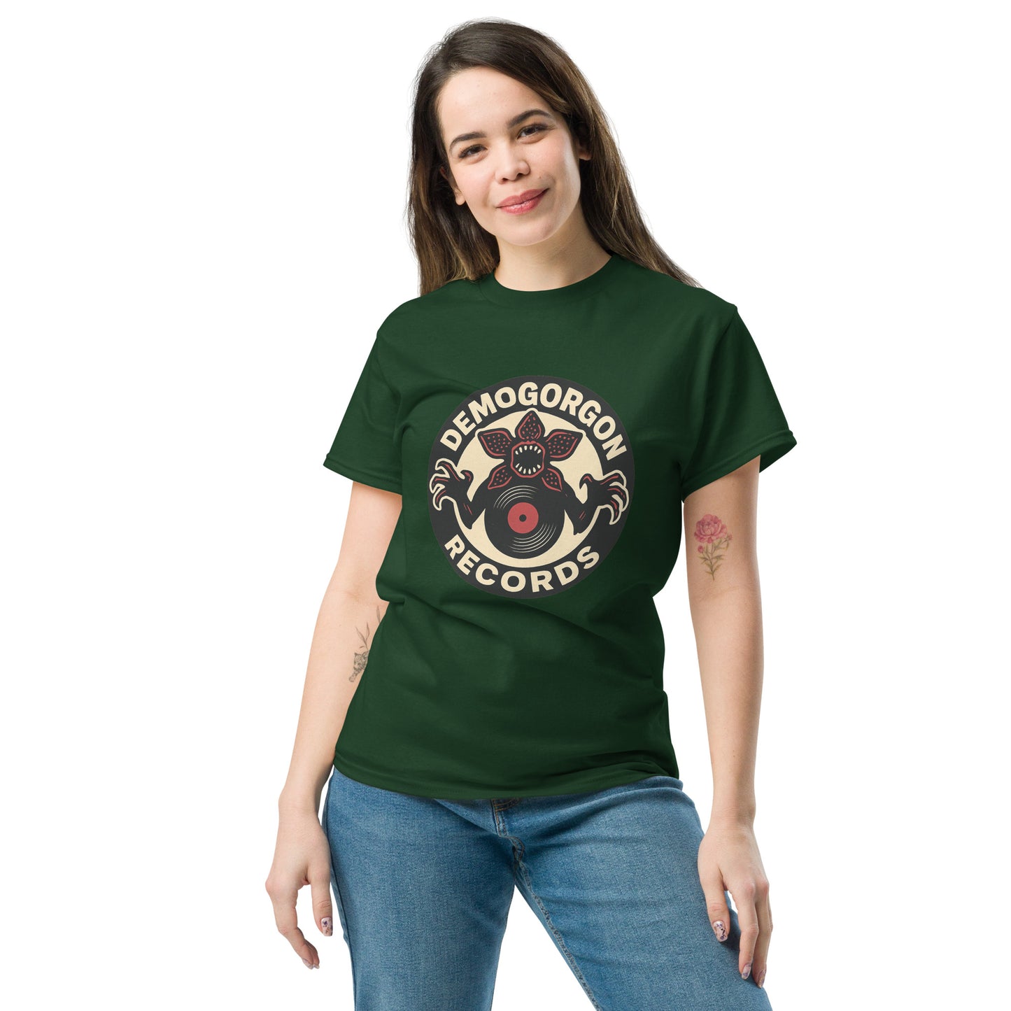 Demogorgon Records Unisex classic tee from Rare Plus Apparel – unique movie & pop culture inspired design.