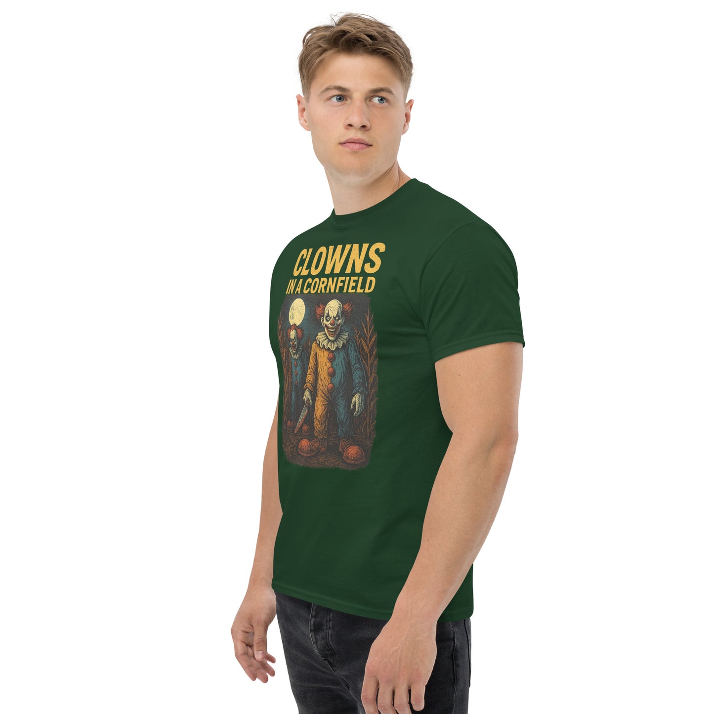 Clowns in a Cornfield Unisex classic tee from Rare Plus Apparel – unique movie & pop culture inspired design.