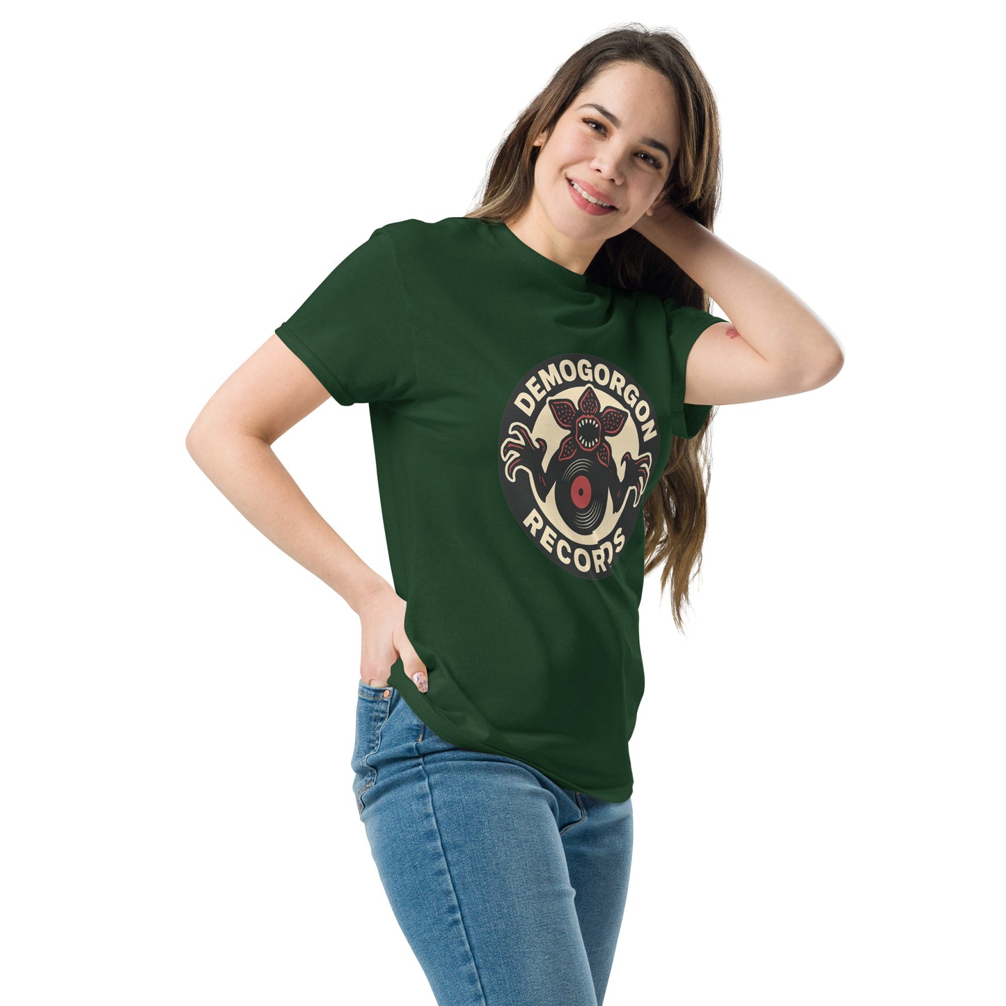 Demogorgon Records Unisex classic tee from Rare Plus Apparel – unique movie & pop culture inspired design.