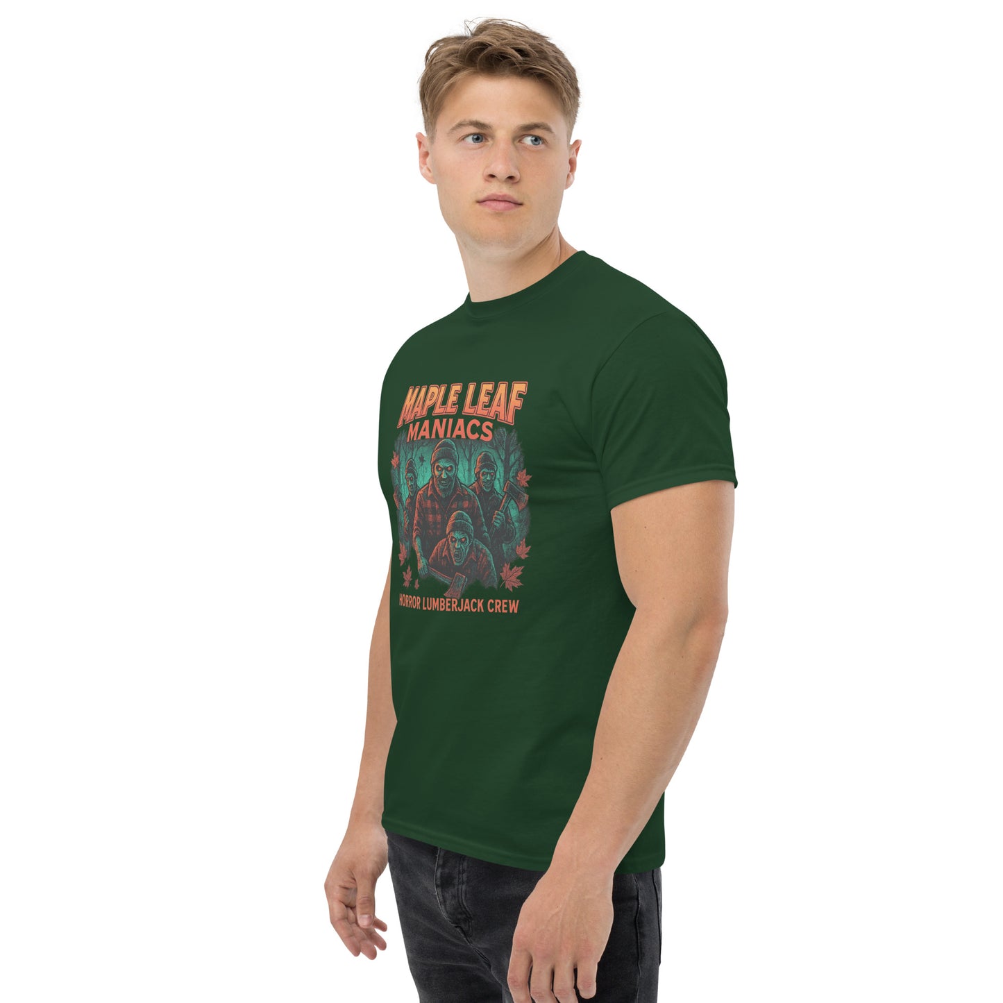 Maple Leaf Maniacs – Horror Lumberjack Crew Unisex classic tee from Rare Plus Apparel – unique movie & pop culture inspired design.
