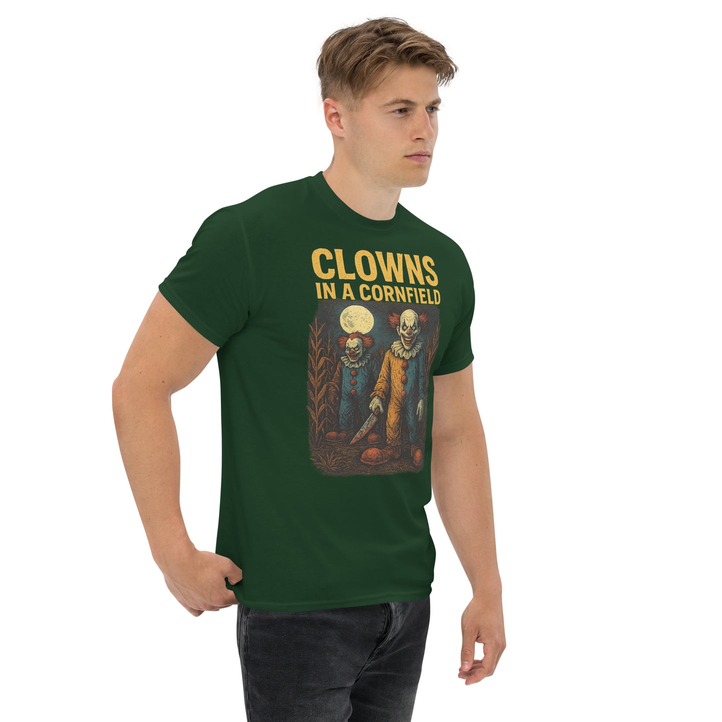 Clowns in a Cornfield Unisex classic tee from Rare Plus Apparel – unique movie & pop culture inspired design.