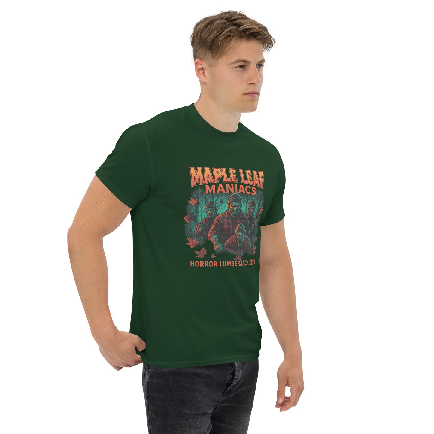 Maple Leaf Maniacs – Horror Lumberjack Crew Unisex classic tee from Rare Plus Apparel – unique movie & pop culture inspired design.