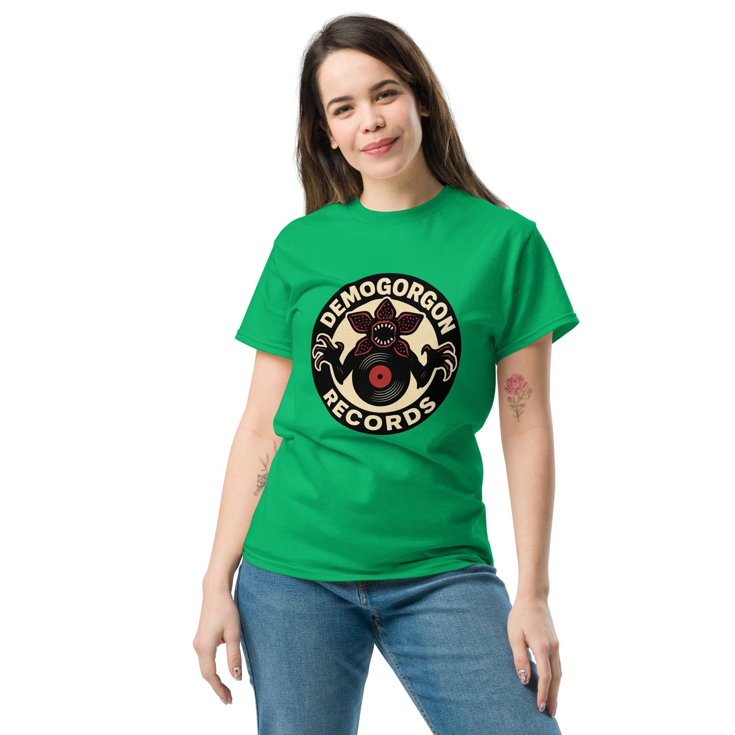 Demogorgon Records Unisex classic tee from Rare Plus Apparel – unique movie & pop culture inspired design.