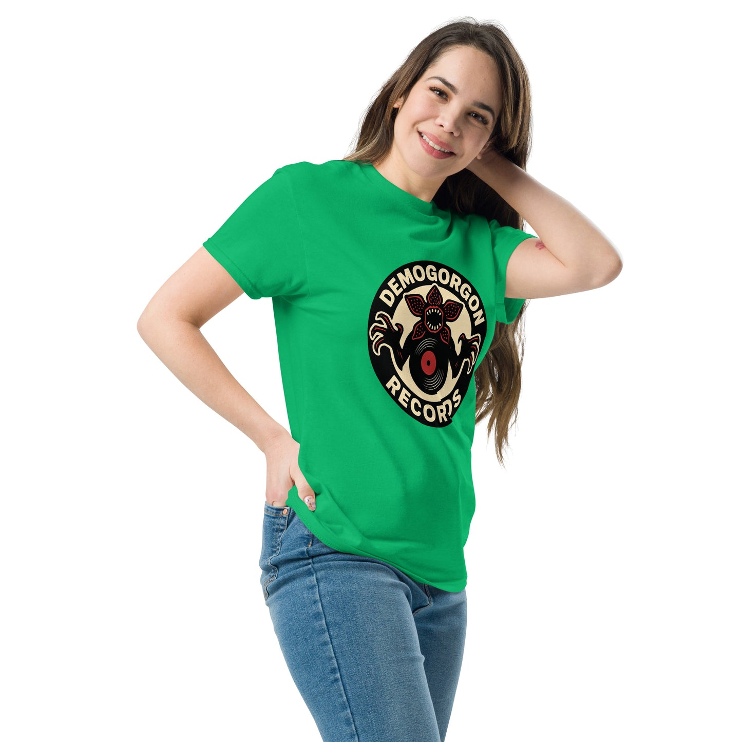 Demogorgon Records Unisex classic tee from Rare Plus Apparel – unique movie & pop culture inspired design.