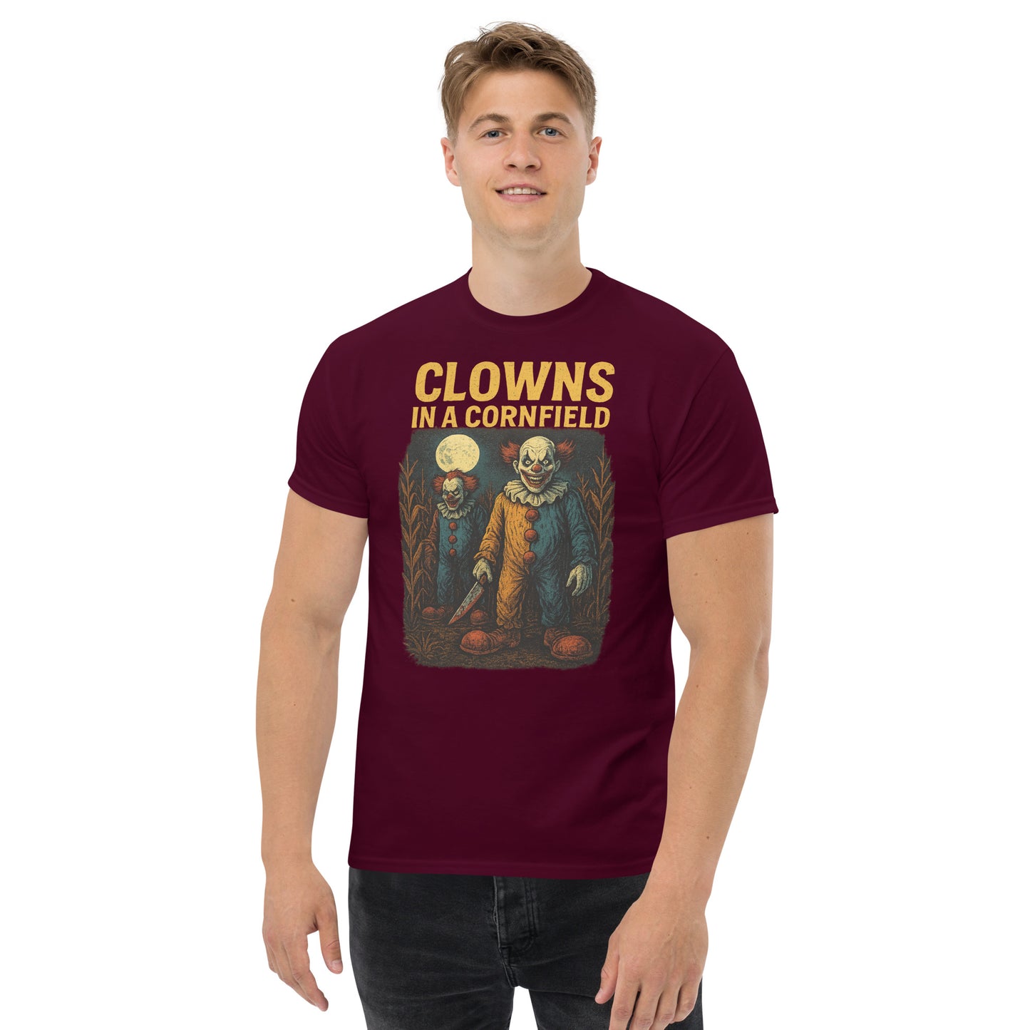 Clowns in a Cornfield Unisex classic tee from Rare Plus Apparel – unique movie & pop culture inspired design.