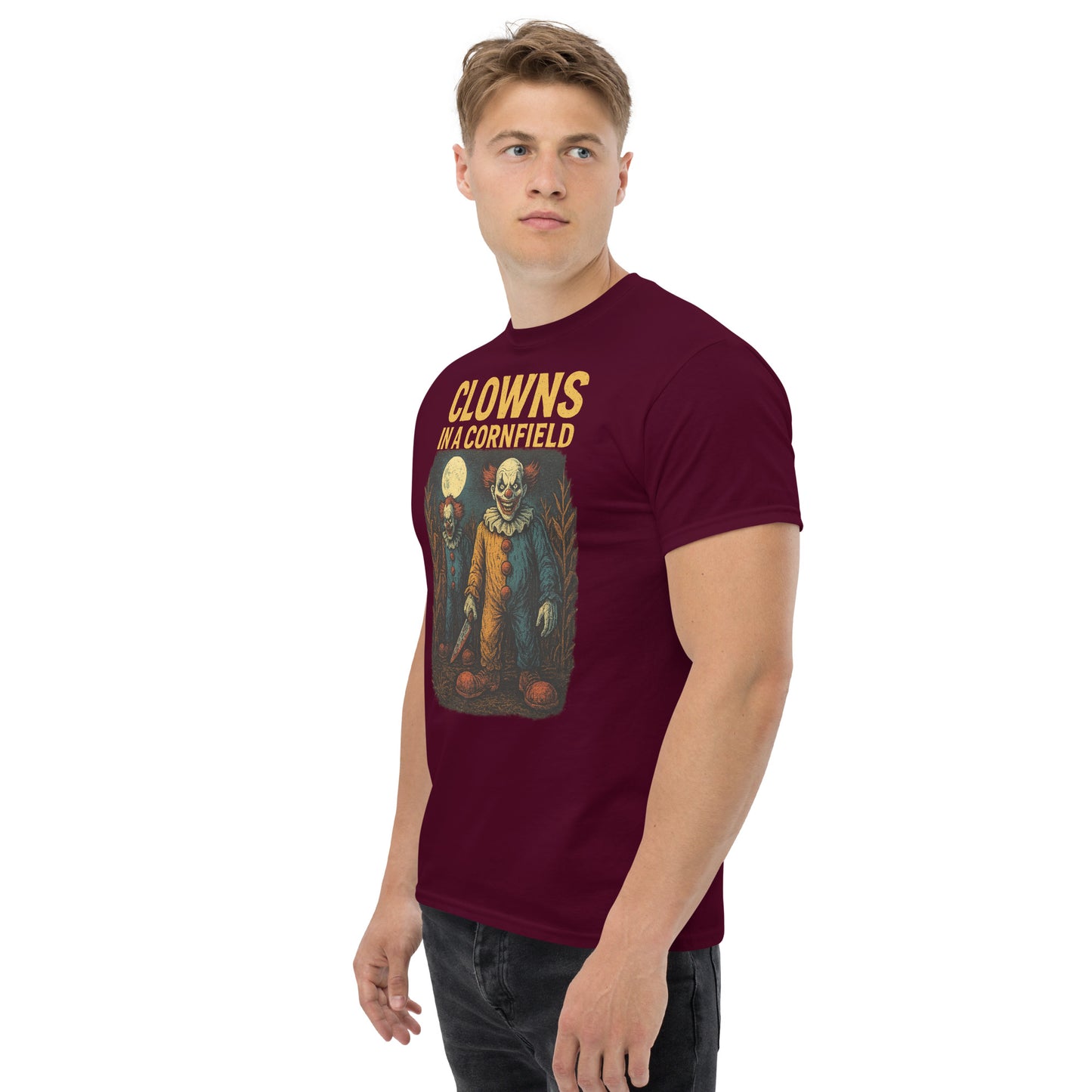 Clowns in a Cornfield Unisex classic tee from Rare Plus Apparel – unique movie & pop culture inspired design.