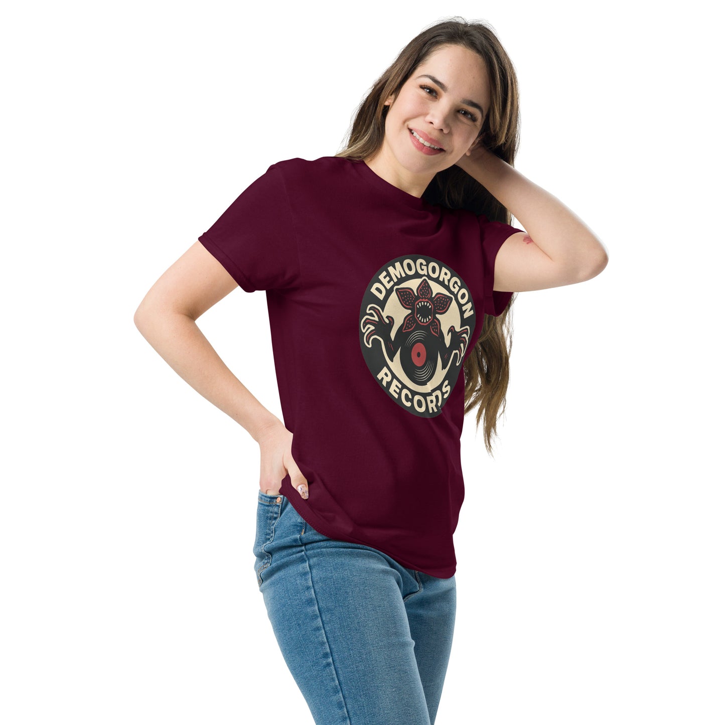 Demogorgon Records Unisex classic tee from Rare Plus Apparel – unique movie & pop culture inspired design.