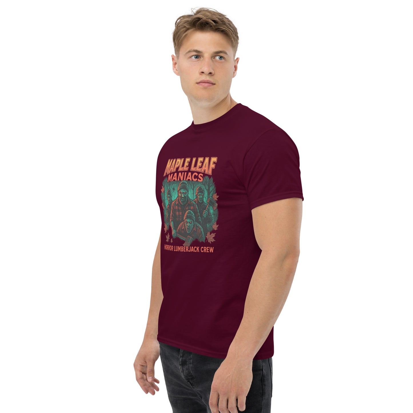 Maple Leaf Maniacs – Horror Lumberjack Crew Unisex classic tee from Rare Plus Apparel – unique movie & pop culture inspired design.