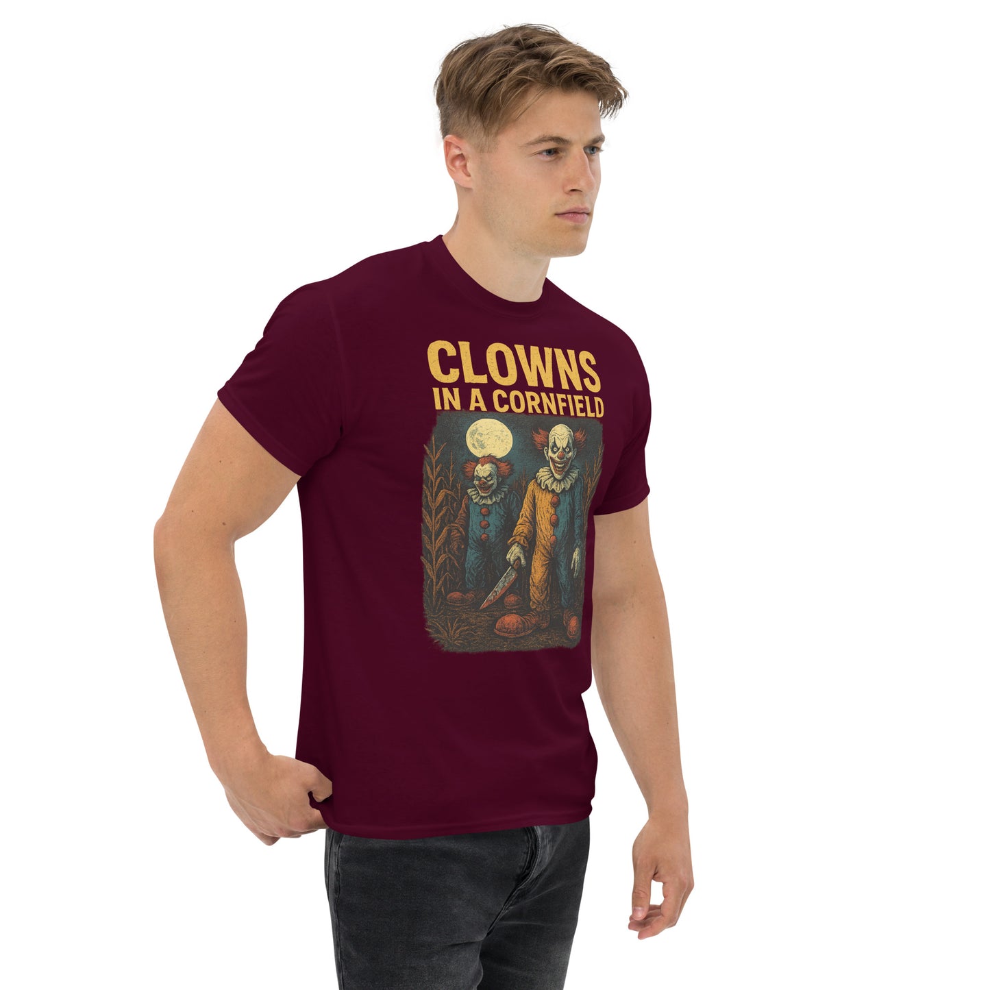Clowns in a Cornfield Unisex classic tee from Rare Plus Apparel – unique movie & pop culture inspired design.