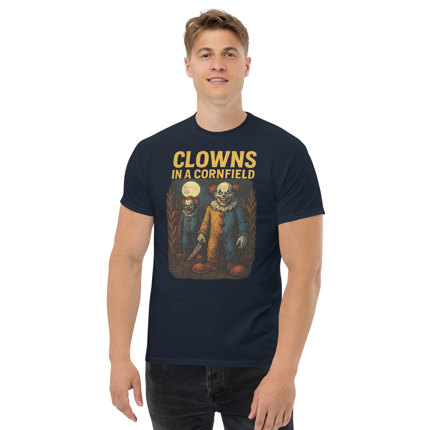 Clowns in a Cornfield Unisex classic tee from Rare Plus Apparel – unique movie & pop culture inspired design.