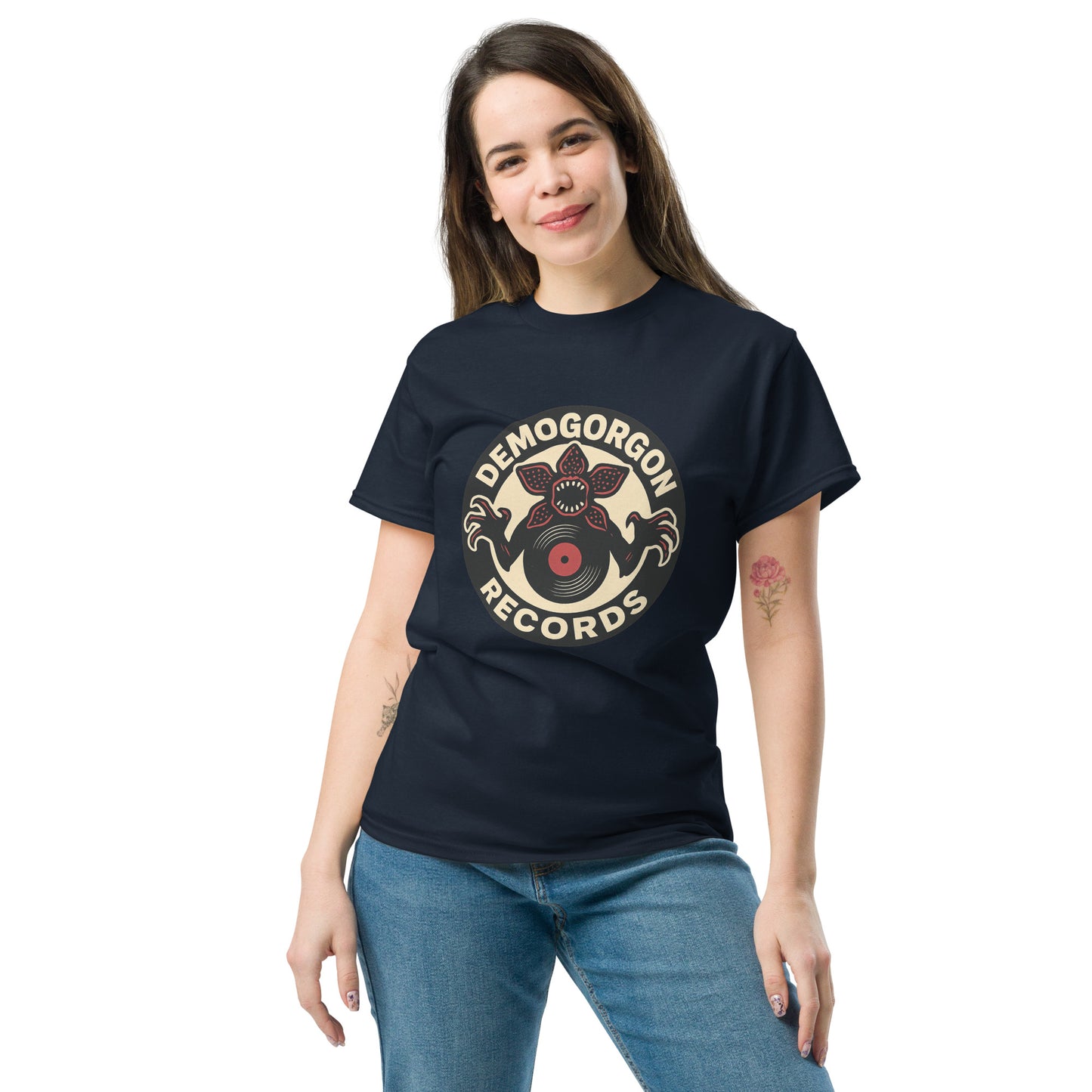 Demogorgon Records Unisex classic tee from Rare Plus Apparel – unique movie & pop culture inspired design.