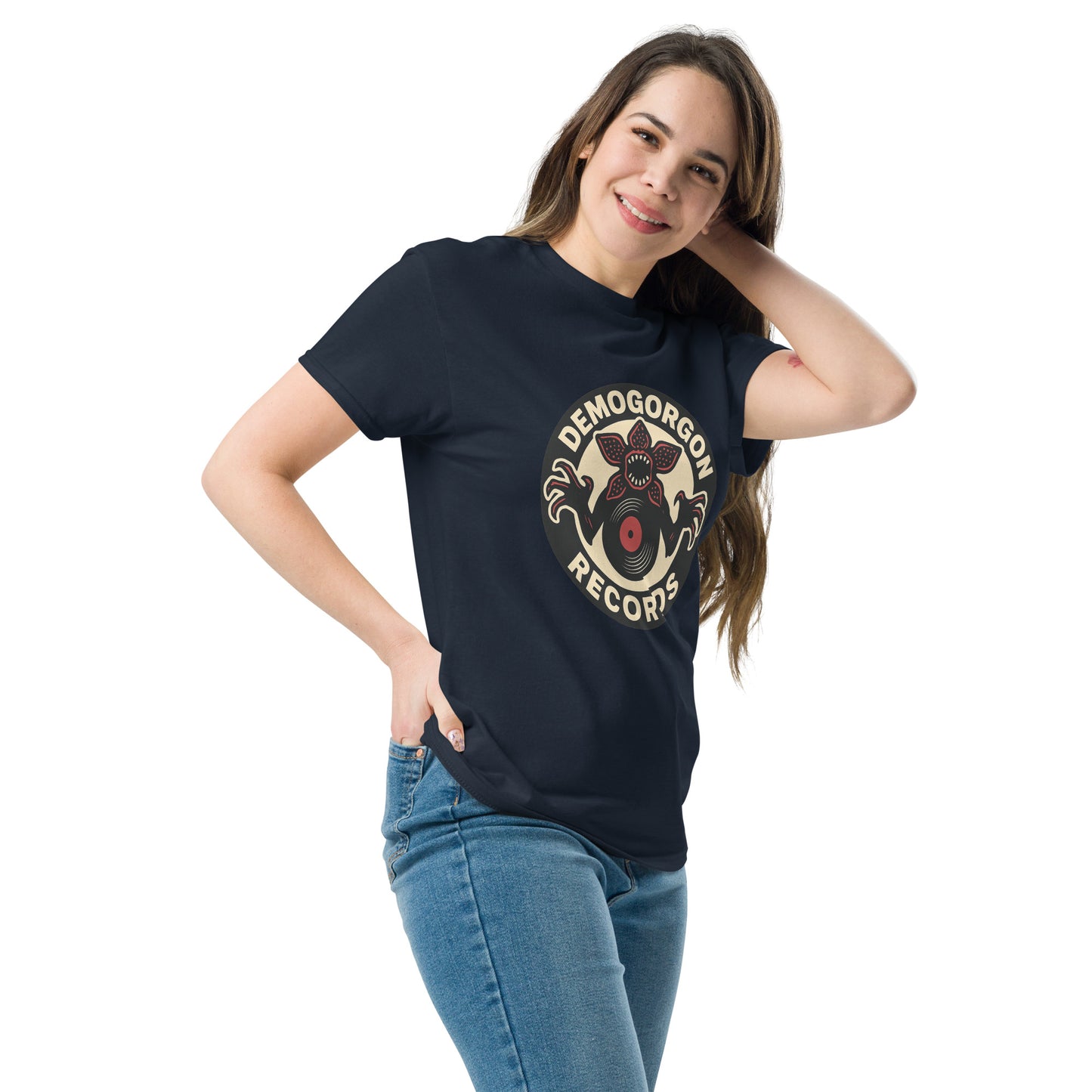 Demogorgon Records Unisex classic tee from Rare Plus Apparel – unique movie & pop culture inspired design.