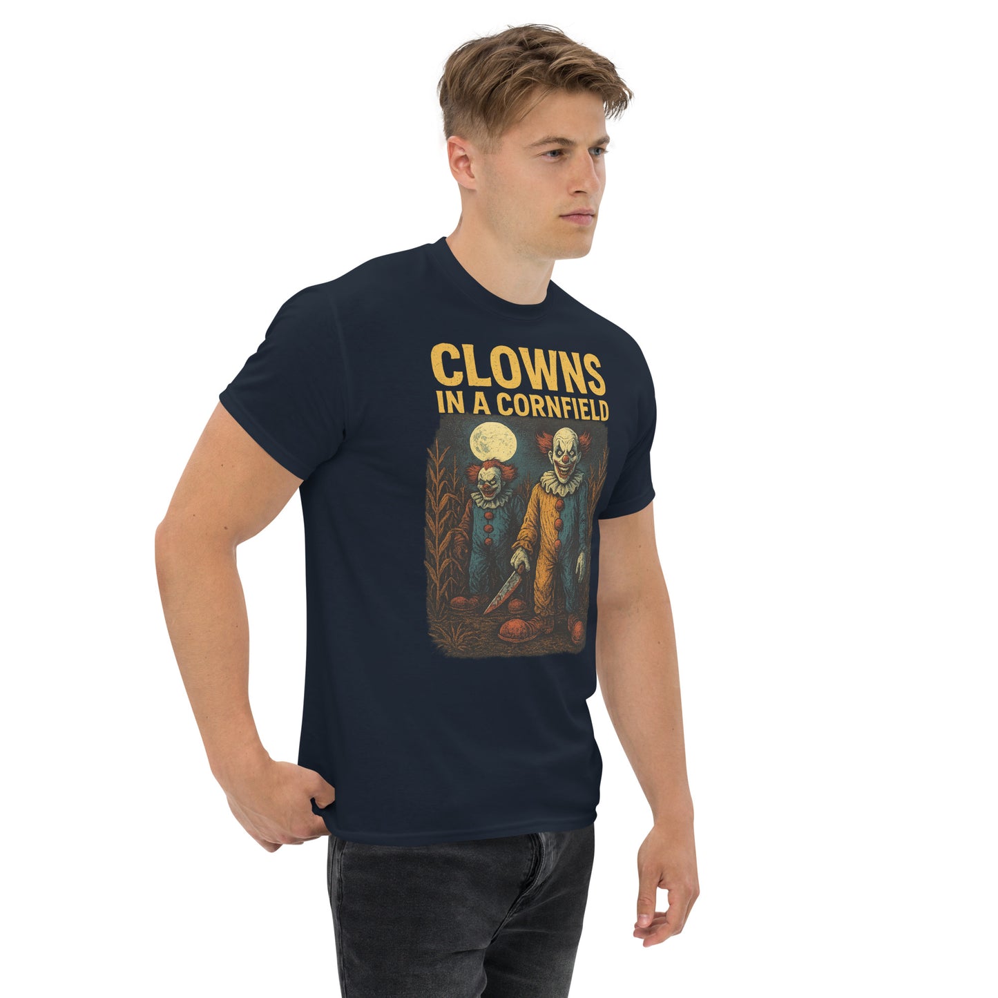 Clowns in a Cornfield Unisex classic tee from Rare Plus Apparel – unique movie & pop culture inspired design.
