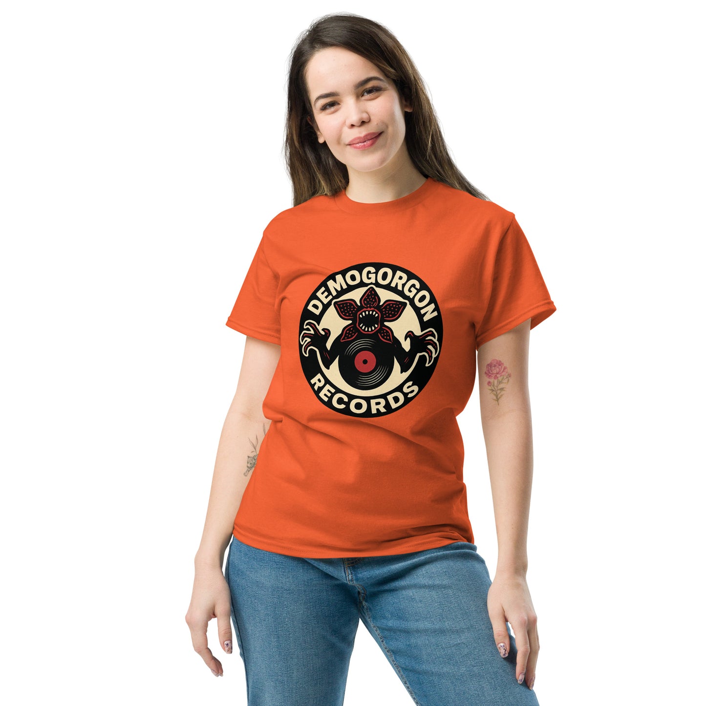 Demogorgon Records Unisex classic tee from Rare Plus Apparel – unique movie & pop culture inspired design.