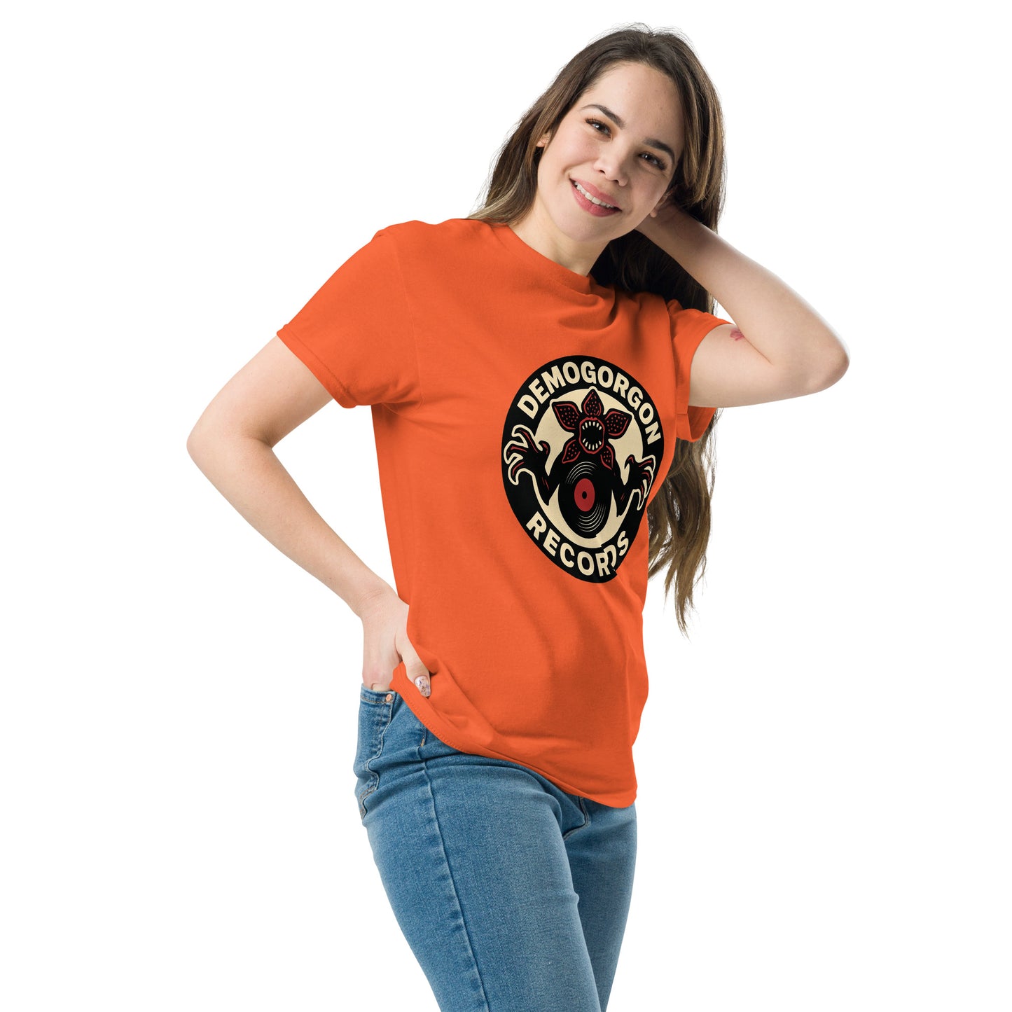 Demogorgon Records Unisex classic tee from Rare Plus Apparel – unique movie & pop culture inspired design.