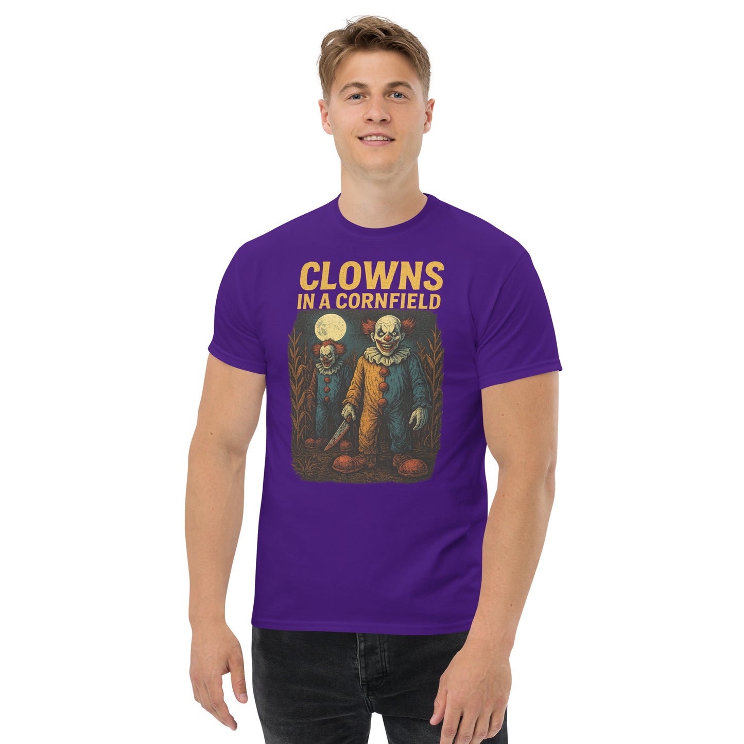 Clowns in a Cornfield Unisex classic tee from Rare Plus Apparel – unique movie & pop culture inspired design.