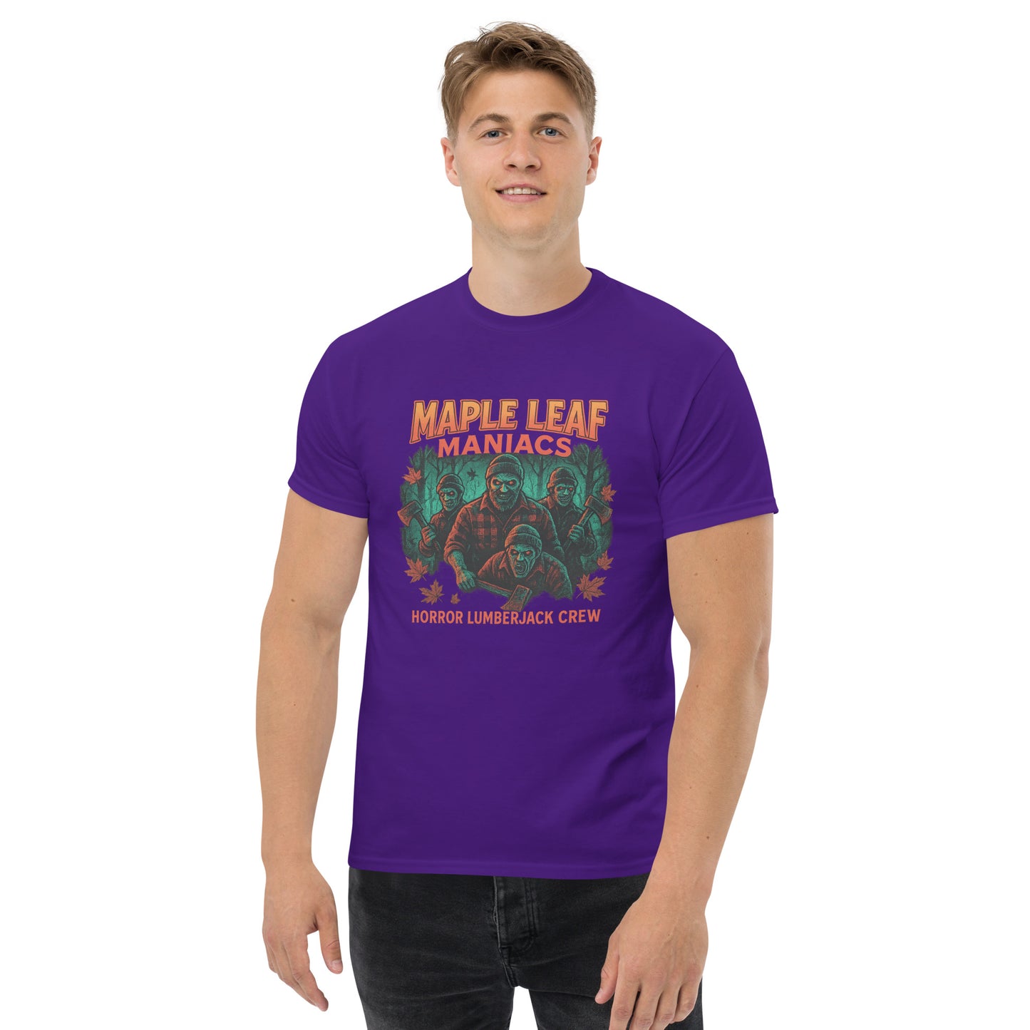 Maple Leaf Maniacs – Horror Lumberjack Crew Unisex classic tee from Rare Plus Apparel – unique movie & pop culture inspired design.