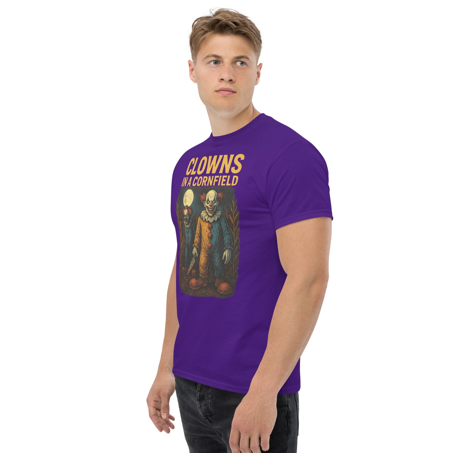 Clowns in a Cornfield Unisex classic tee from Rare Plus Apparel – unique movie & pop culture inspired design.