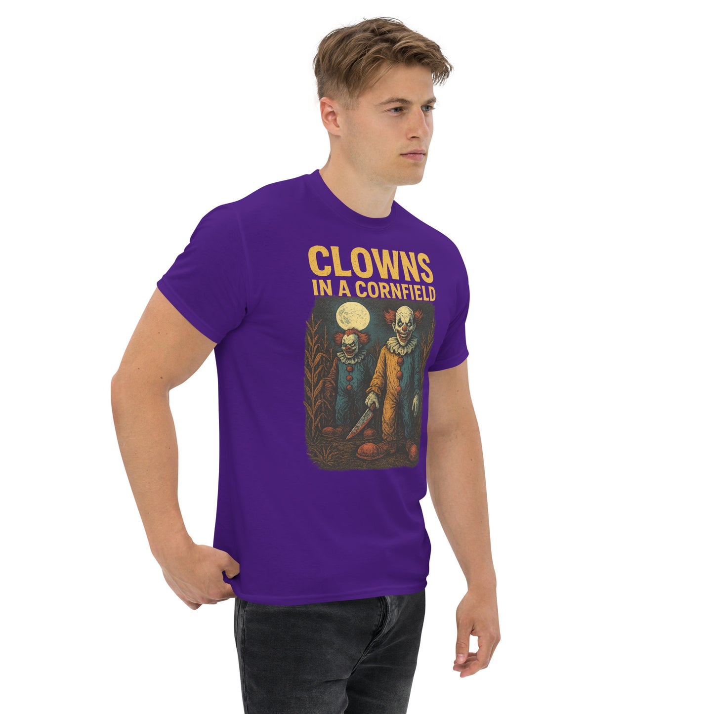 Clowns in a Cornfield Unisex classic tee from Rare Plus Apparel – unique movie & pop culture inspired design.