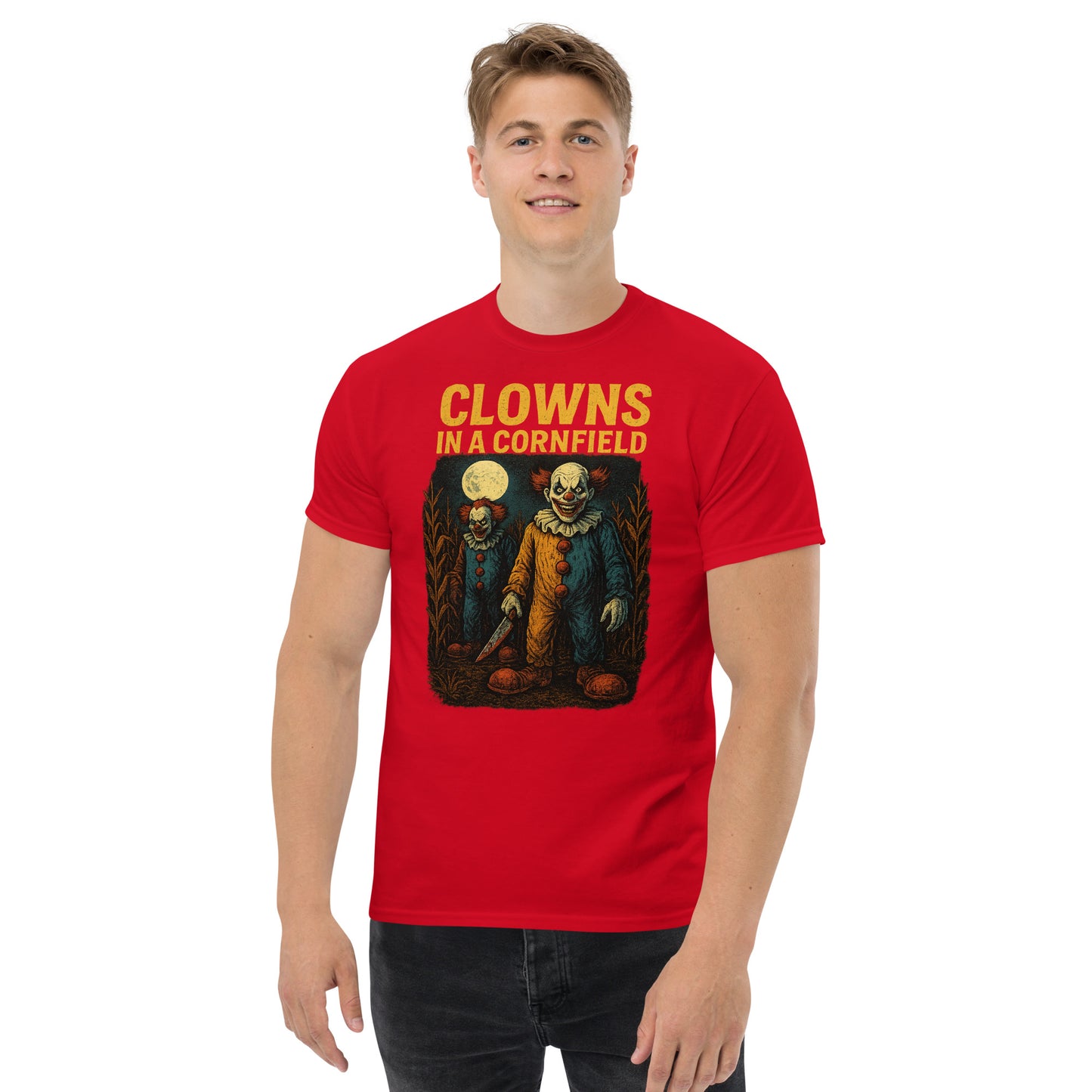 Clowns in a Cornfield Unisex classic tee from Rare Plus Apparel – unique movie & pop culture inspired design.