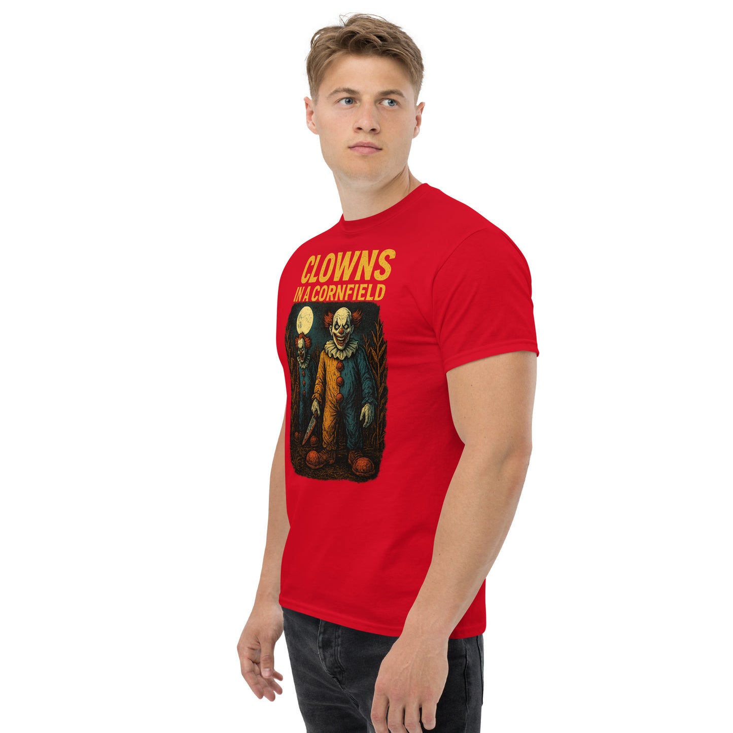 Clowns in a Cornfield Unisex classic tee from Rare Plus Apparel – unique movie & pop culture inspired design.
