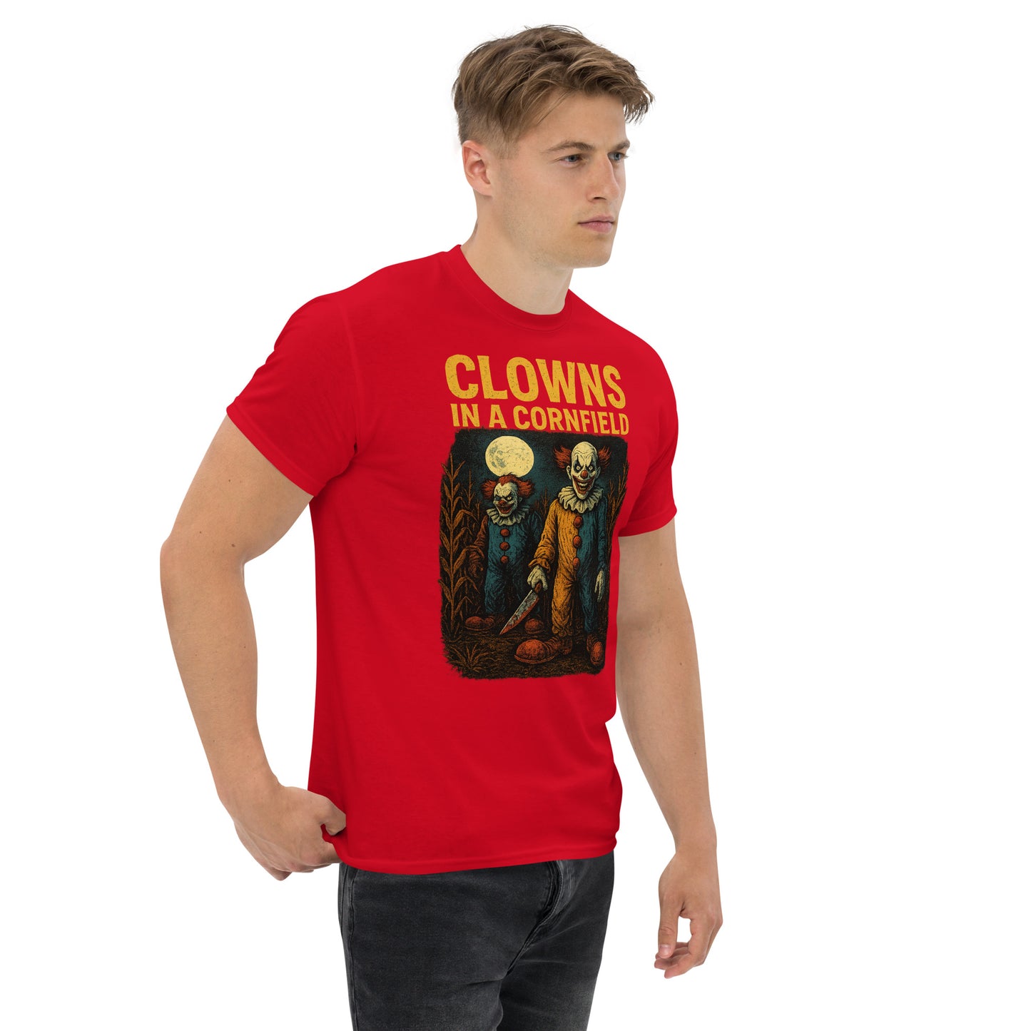 Clowns in a Cornfield Unisex classic tee from Rare Plus Apparel – unique movie & pop culture inspired design.