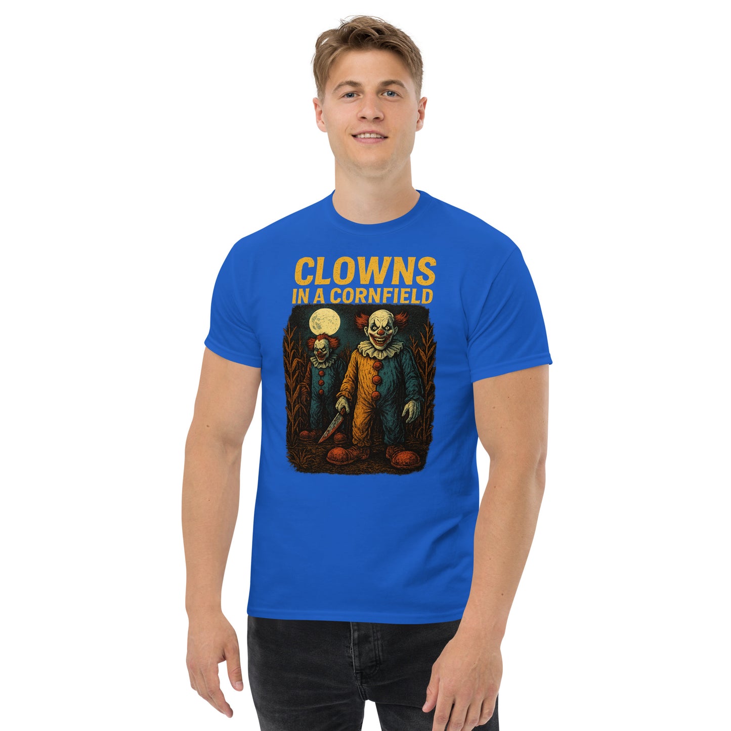 Clowns in a Cornfield Unisex classic tee from Rare Plus Apparel – unique movie & pop culture inspired design.