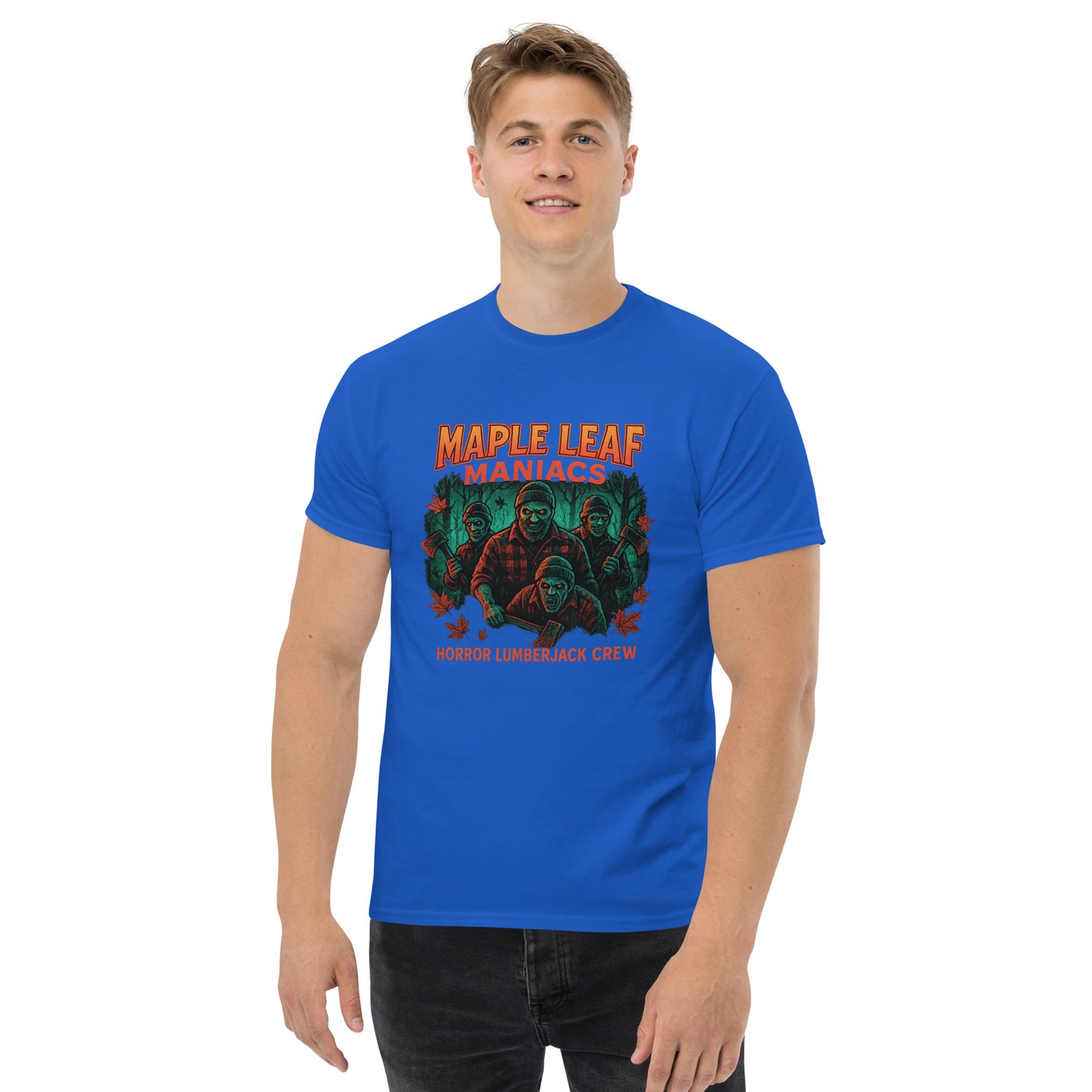 Maple Leaf Maniacs – Horror Lumberjack Crew Unisex classic tee from Rare Plus Apparel – unique movie & pop culture inspired design.