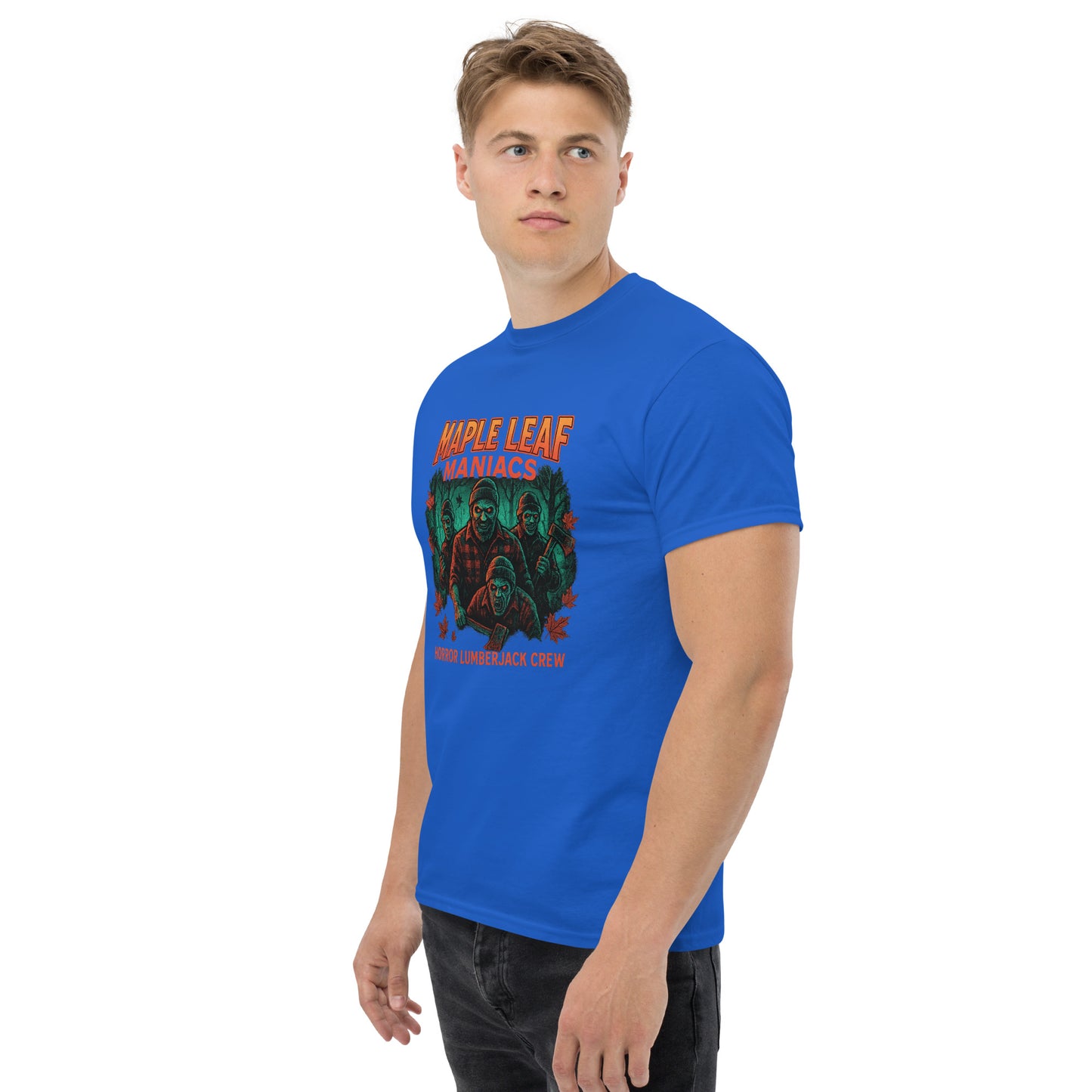 Maple Leaf Maniacs – Horror Lumberjack Crew Unisex classic tee from Rare Plus Apparel – unique movie & pop culture inspired design.