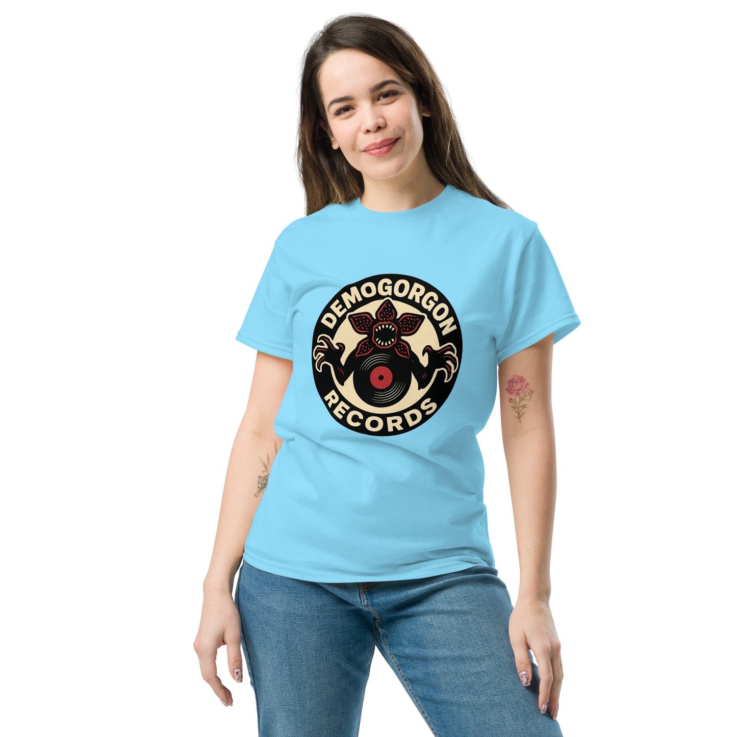 Demogorgon Records Unisex classic tee from Rare Plus Apparel – unique movie & pop culture inspired design.