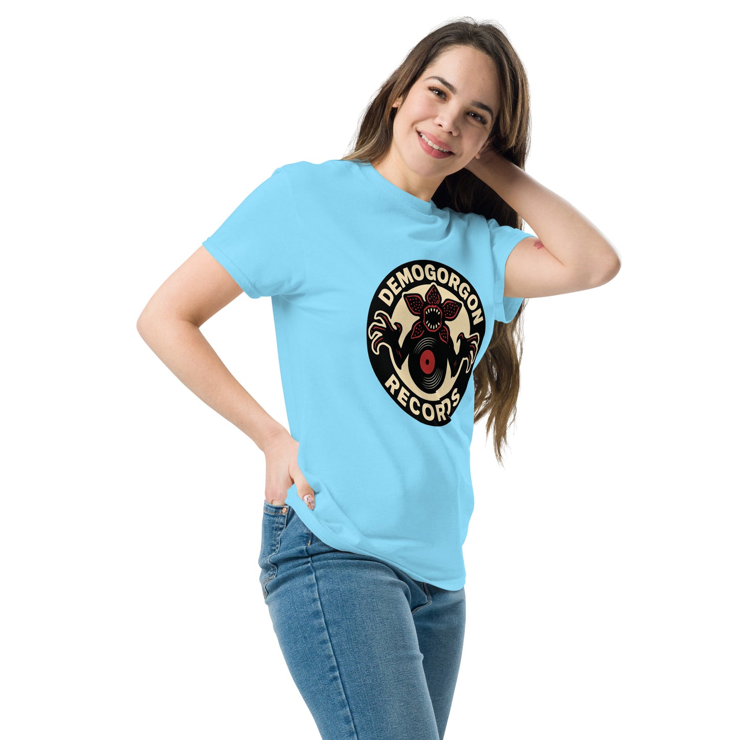 Demogorgon Records Unisex classic tee from Rare Plus Apparel – unique movie & pop culture inspired design.