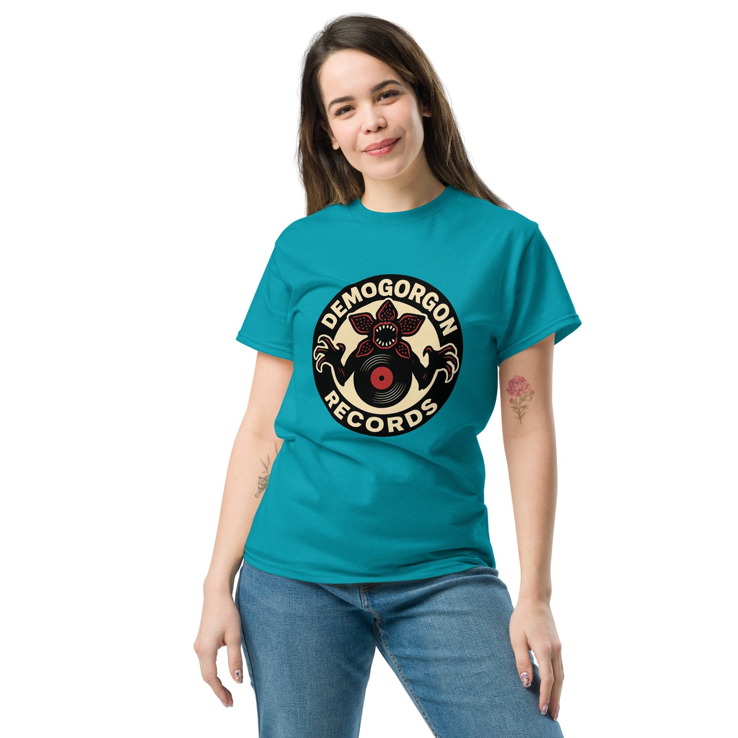 Demogorgon Records Unisex classic tee from Rare Plus Apparel – unique movie & pop culture inspired design.