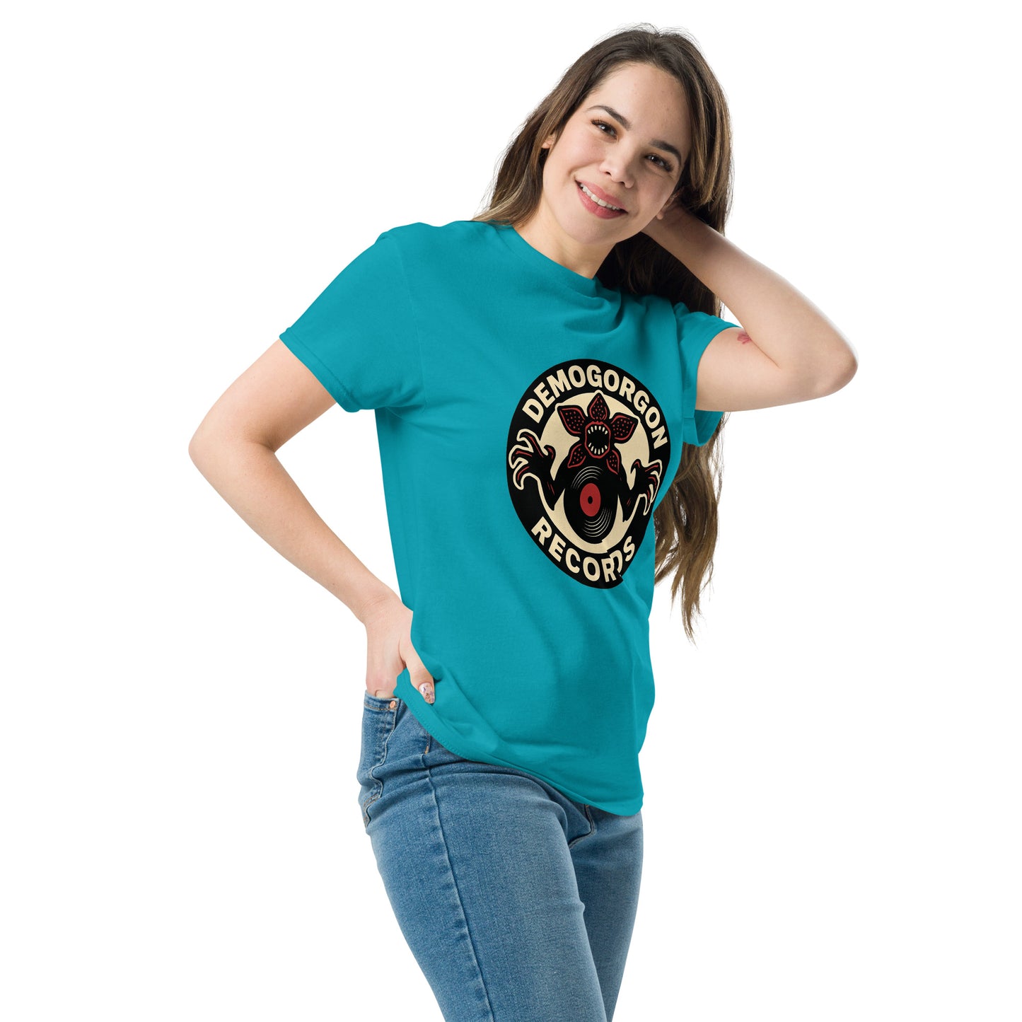 Demogorgon Records Unisex classic tee from Rare Plus Apparel – unique movie & pop culture inspired design.