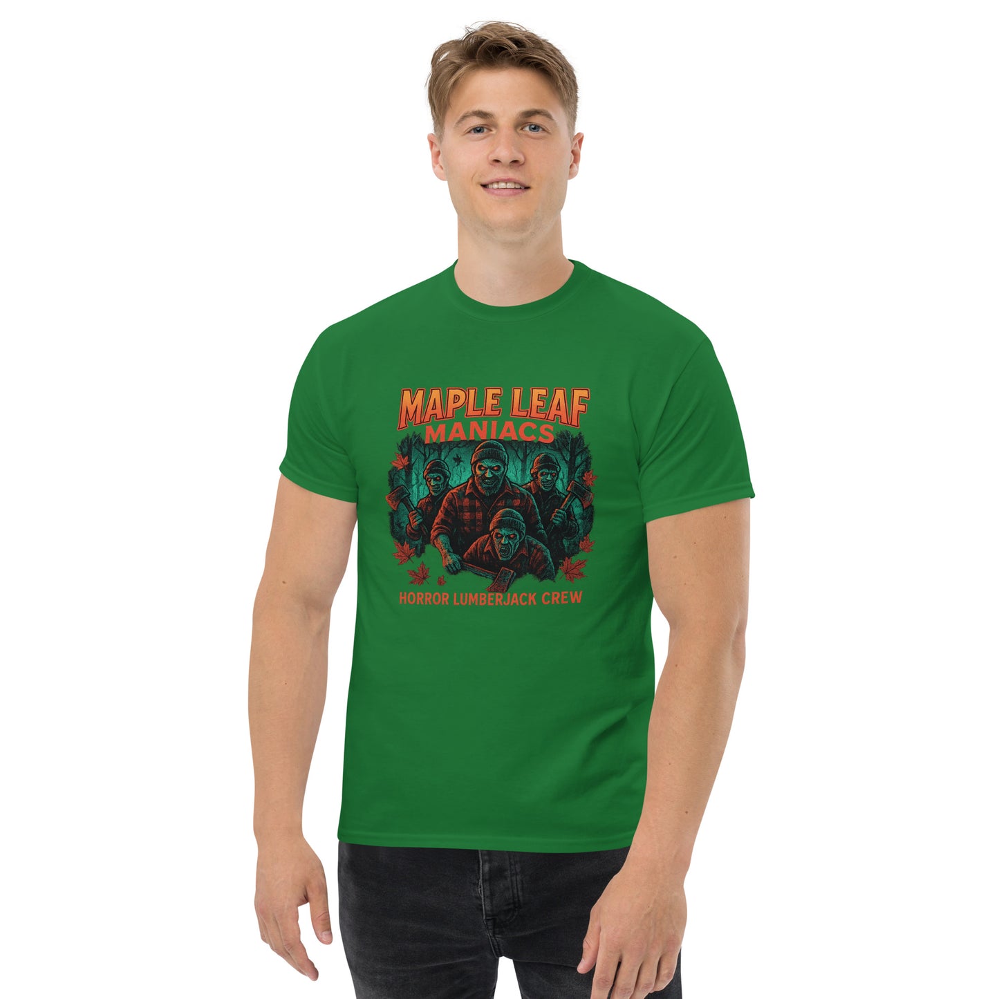 Maple Leaf Maniacs – Horror Lumberjack Crew Unisex classic tee from Rare Plus Apparel – unique movie & pop culture inspired design.