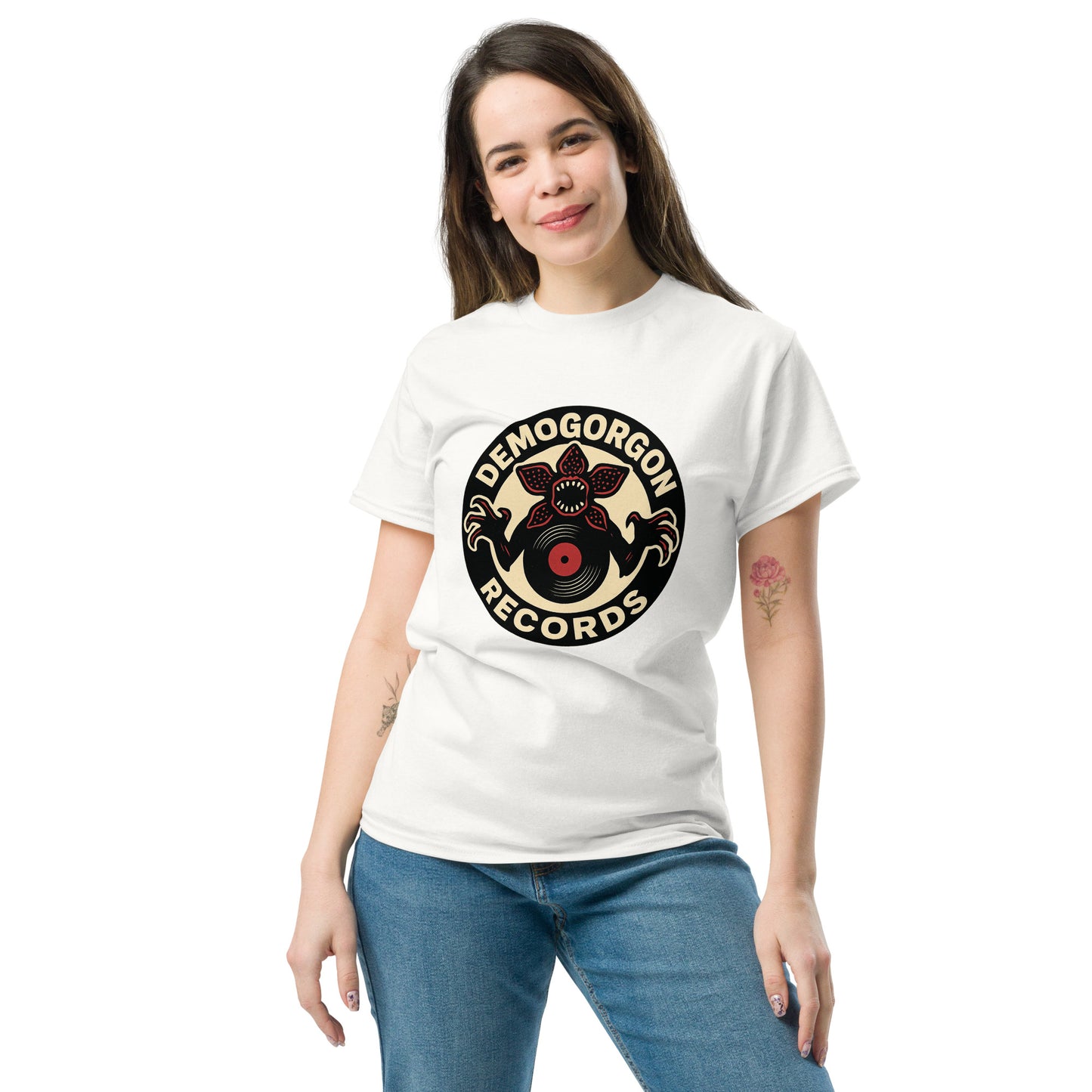 Demogorgon Records Unisex classic tee from Rare Plus Apparel – unique movie & pop culture inspired design.