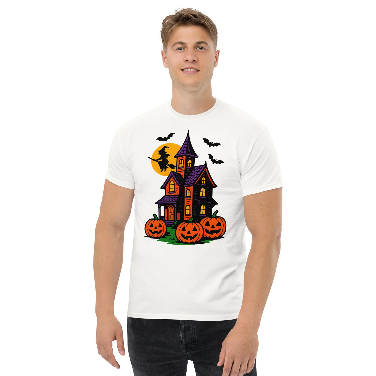 Haunted Halloween House Unisex classic tee from Rare Plus Apparel – unique movie & pop culture inspired design.