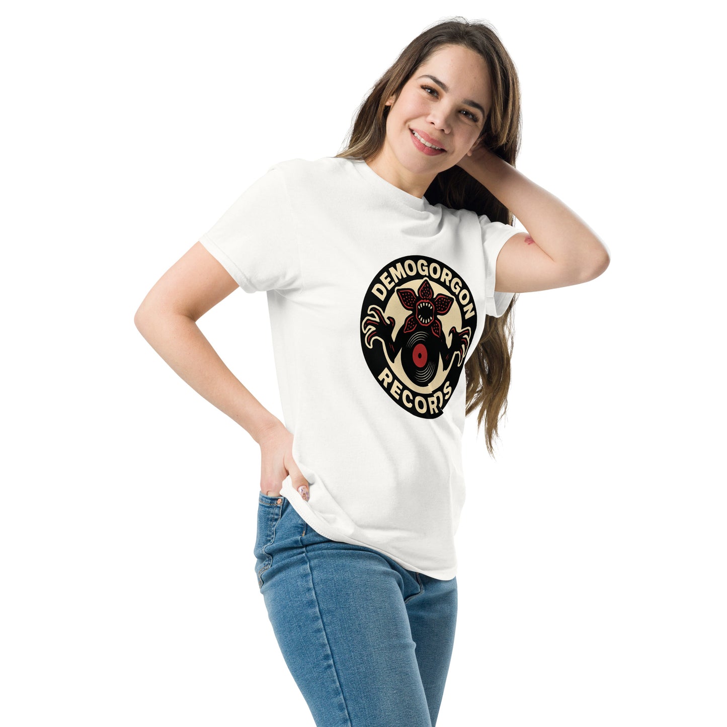 Demogorgon Records Unisex classic tee from Rare Plus Apparel – unique movie & pop culture inspired design.